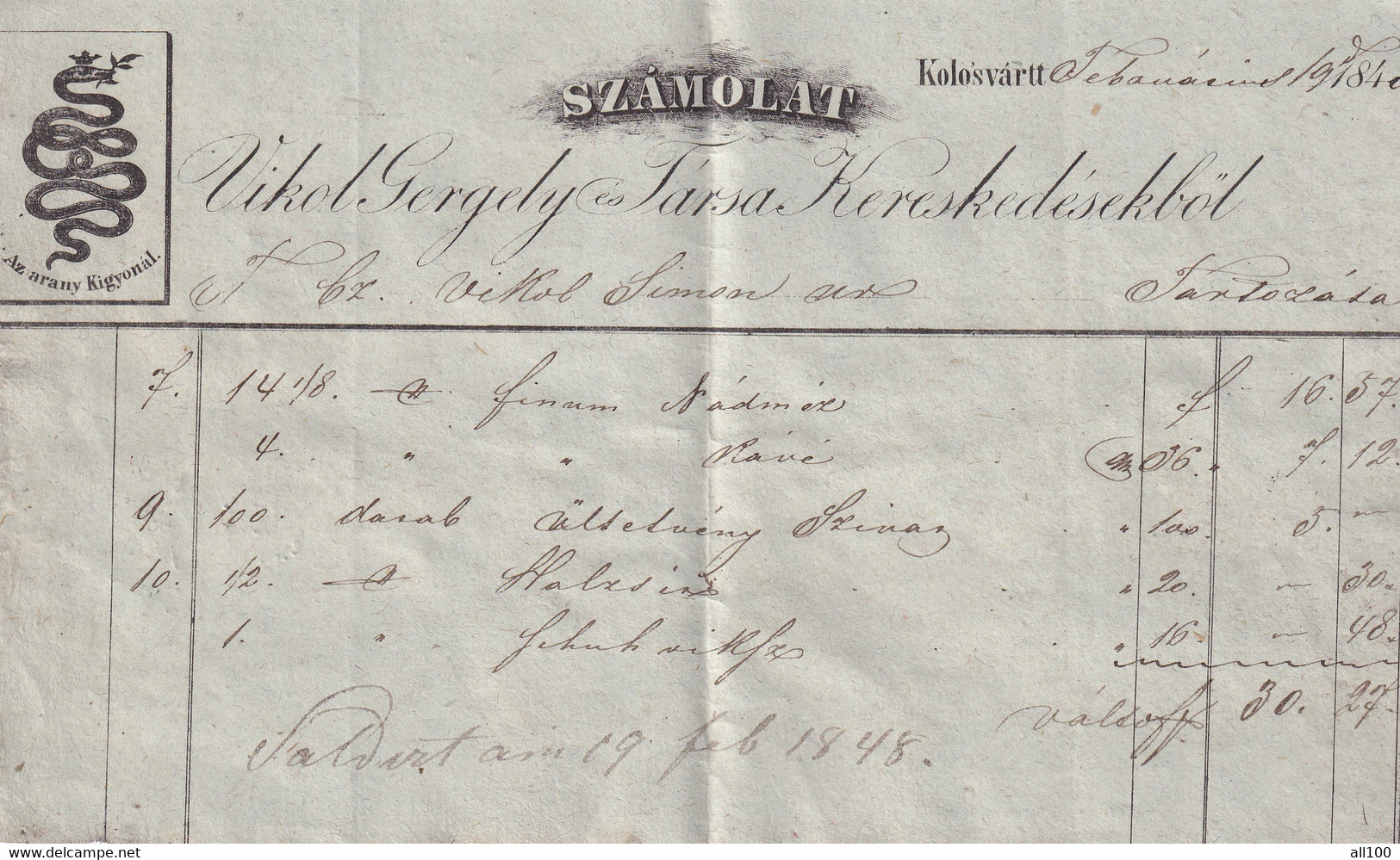 A19453 - INVOICE FROM AUSTRIAN EMPIRE 1848 KLAUSENBUG KOLOZSVAR CLUJ-NAPOCA ROMANIA SZAMOLAT VIKOL GERGELY ES TARSA - Austria