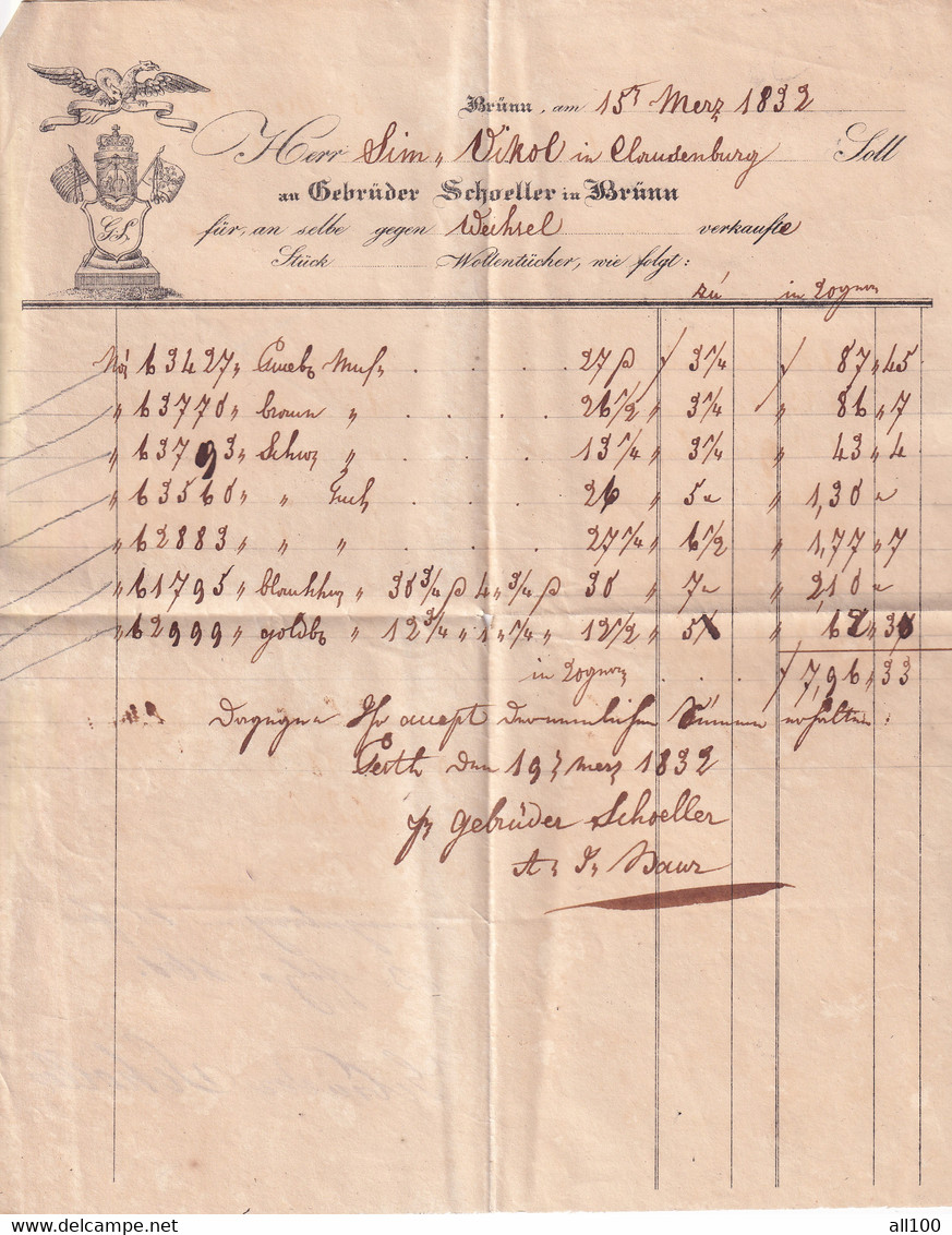 A19456 - INVOICE FROM AUSTRIAN EMPIRE 1832 BRUNN BRNO CZECH REPUBLIC GEBRUDER SCHOELLER IN BRUNN SIMON VIKOL - Autriche