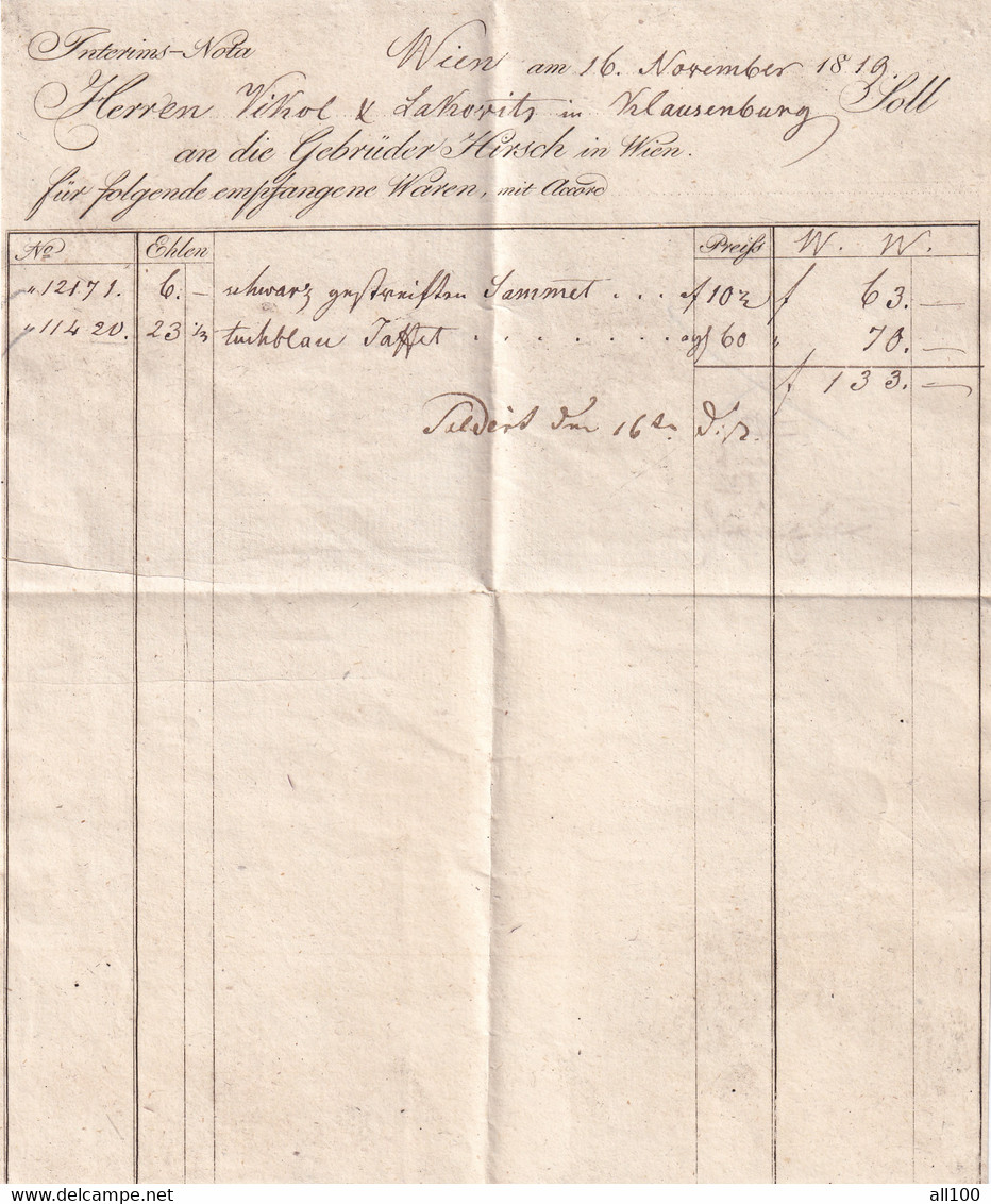 A19457 - INVOICE FROM AUSTRIAN EMPIRE 1819 WIEN VIENNA AUSTRIA INTERIMS NOTA HERREN VIKOL UND SENKOVITS IN KLAUSENBURG - Autriche