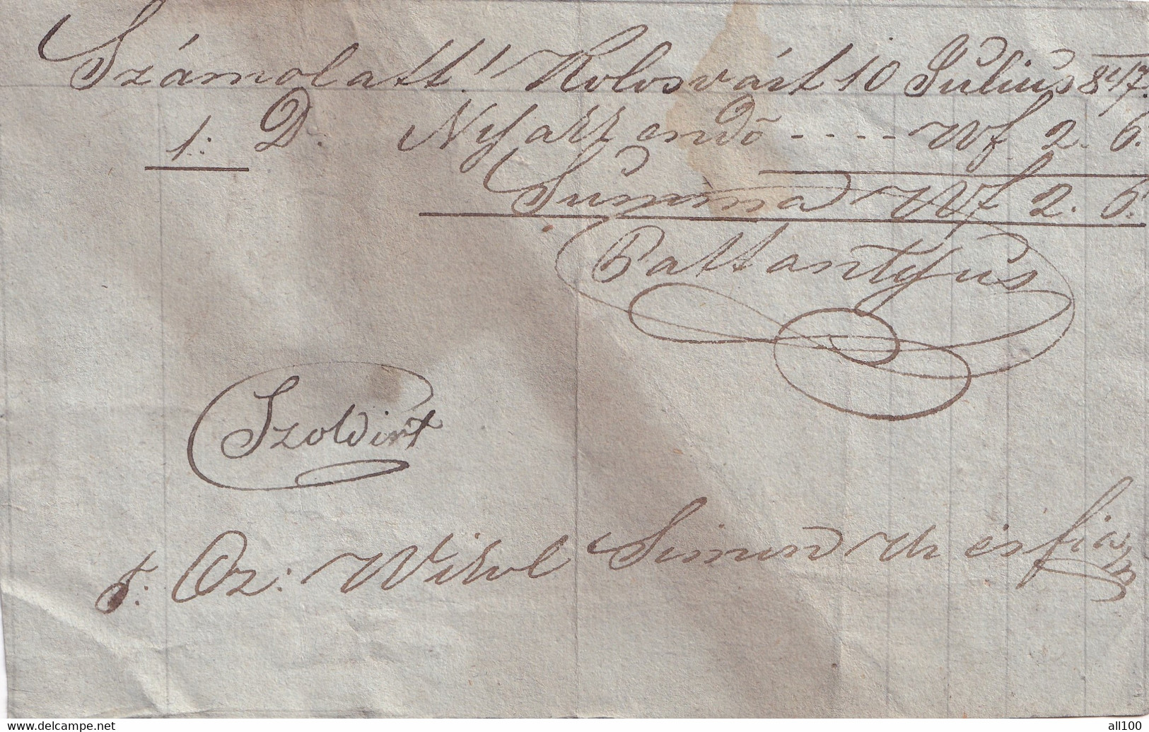 A19463 - RECEIPT FROM AUSTRIAN EMPIRE 1847 KOLOZSVAR KLAUSENBURG CLUJ-NAPOCA ROMANIA SZAMOLAT SZENKOVITS VIKOL SIMON - Autriche