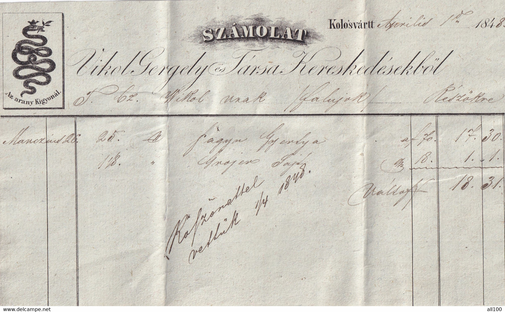 A19468 - INVOICE FROM AUSTRIAN EMPIRE 1848 KOLOZSVAR KLAUSENBURG CLUJ-NAPOCA ROMANIA SZAMOLAT VIKOL GERGELY ES TARSA - Österreich