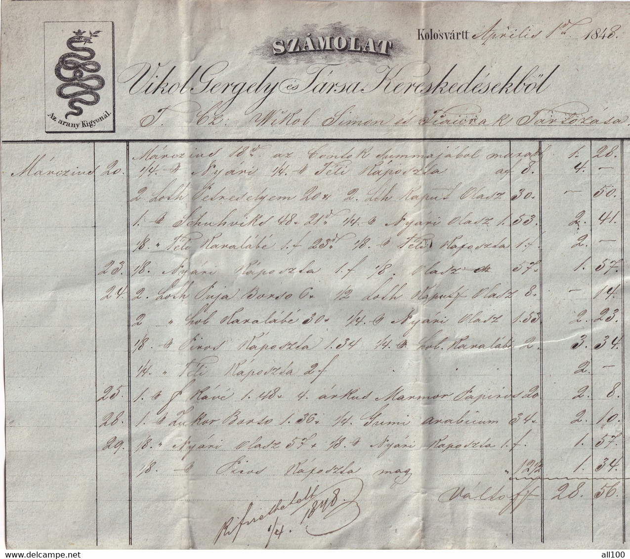 A19469 - INVOICE FROM AUSTRIAN EMPIRE 1848 KOLOZSVAR KLAUSENBURG CLUJ-NAPOCA ROMANIA SZAMOLAT VIKOL GERGELY ES TARSA - Austria