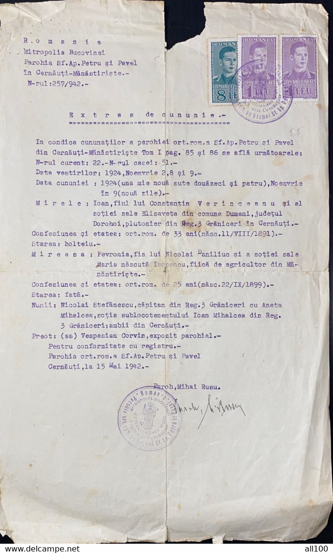 A19470 - ROMANIA TIMBRU FISCAL 1 LEU STAMPED DOCUMENT FROM ROMANIA CERNAUTI MITROPOLIA BUCOVINEI EXTRAS DE CUNUNIE - Brieven En Documenten