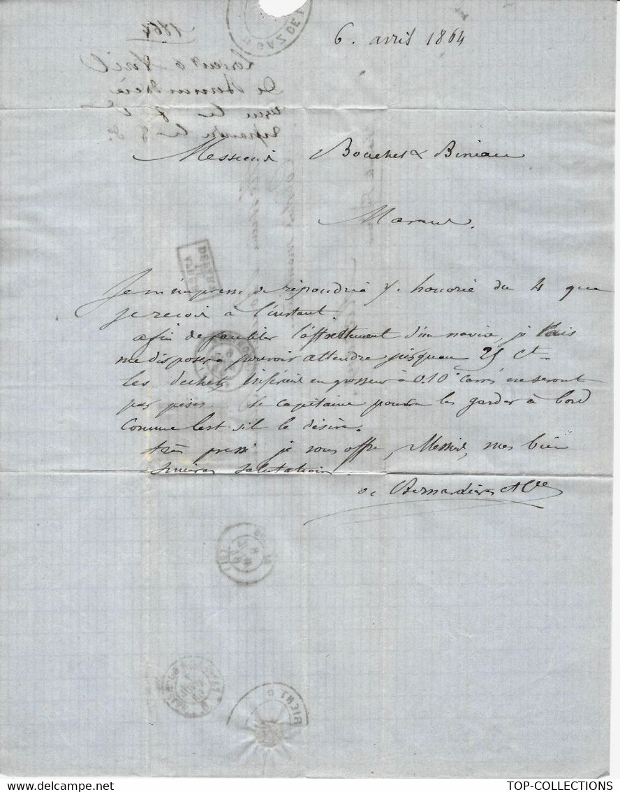 1864  SIGN. De Bernardiere à Lorient Directeur  Du Gaz De Lorient Affrètement Navire Navigation Bouchet Bineau Courtiers - 1800 – 1899