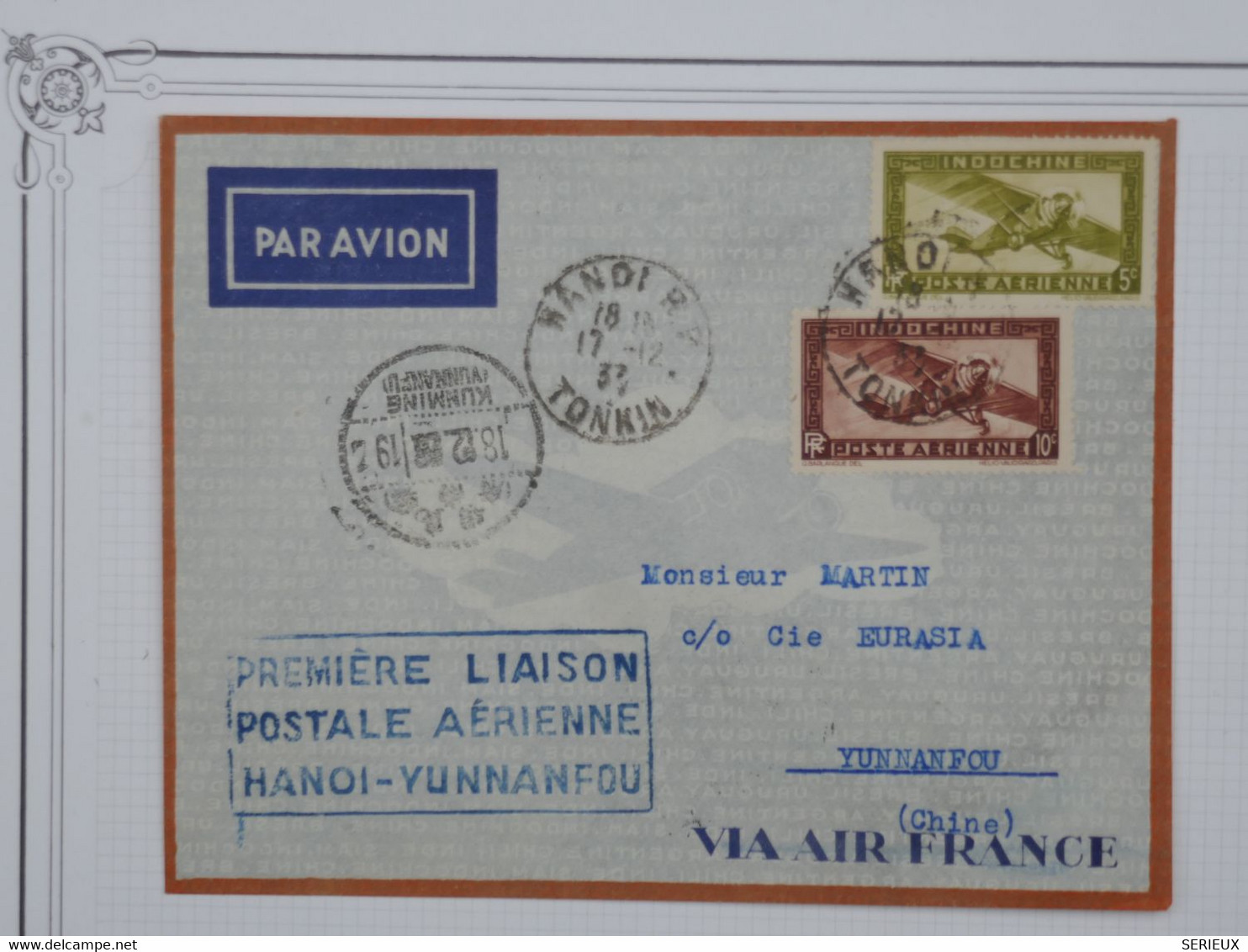 BG1  INDOCHINE  BELLE LETTRE RARE  1937 IERE LIAISON AERIENNE HANOI. YANNANFOU CHINA +++OBLITERATION HANOI+ - Lettres & Documents