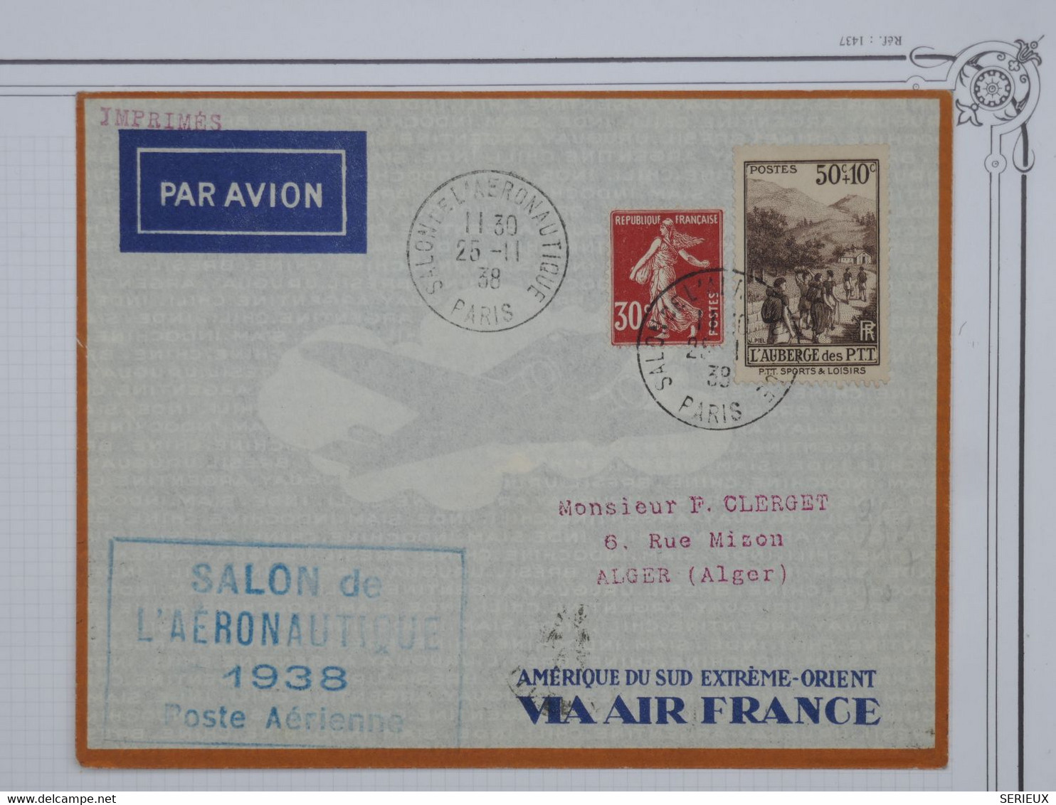 BG1  FRANCE   BELLE LETTRE RR 1938 SALON DE L AERONAUTIQUE PARIS +N°347!!!!+CACHET DU VOL+A ALGER +++AFFRANCH. PLAISANT - 1927-1959 Lettres & Documents