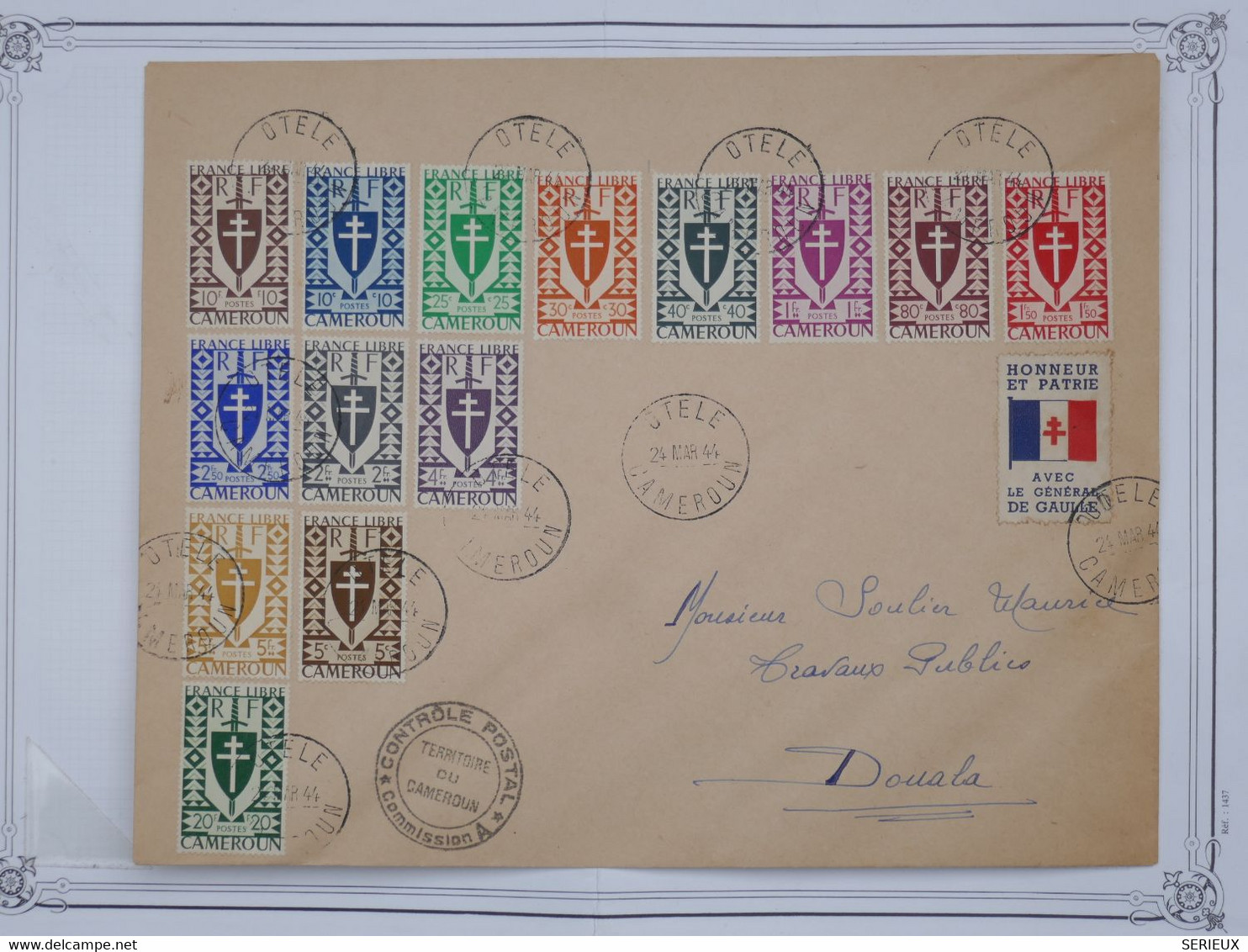 BG1 CAMEROUN FRANCE LIBRE  BELLE LETTRE RARE 24 3 1944 SERIE  LONDRES +OTELE PETIT BUREAU+VIGNETTE CROIX LORRAINE - Briefe U. Dokumente