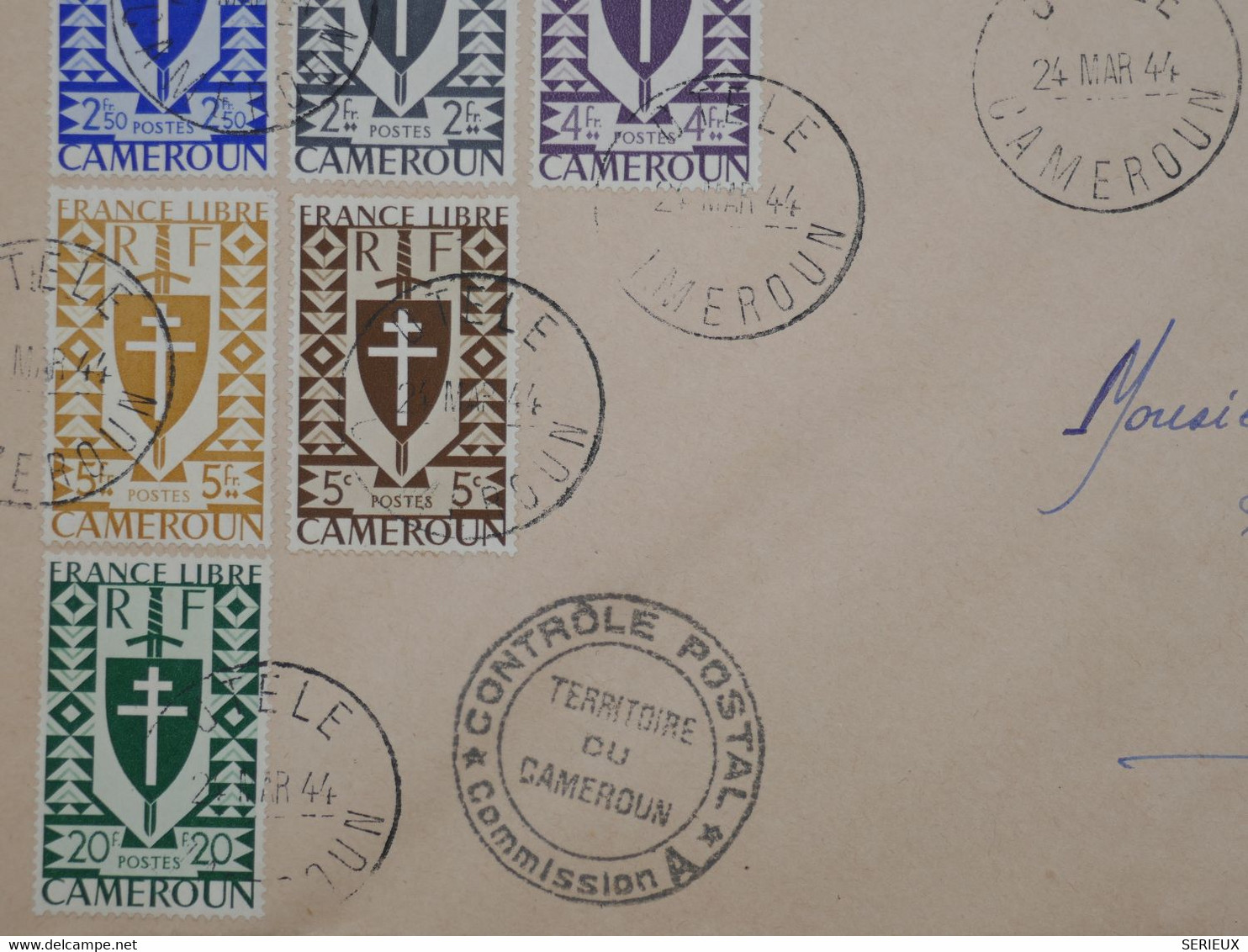 BG1 CAMEROUN FRANCE LIBRE  BELLE LETTRE RARE 24 3 1944 SERIE  LONDRES +OTELE PETIT BUREAU+VIGNETTE CROIX LORRAINE - Cartas & Documentos