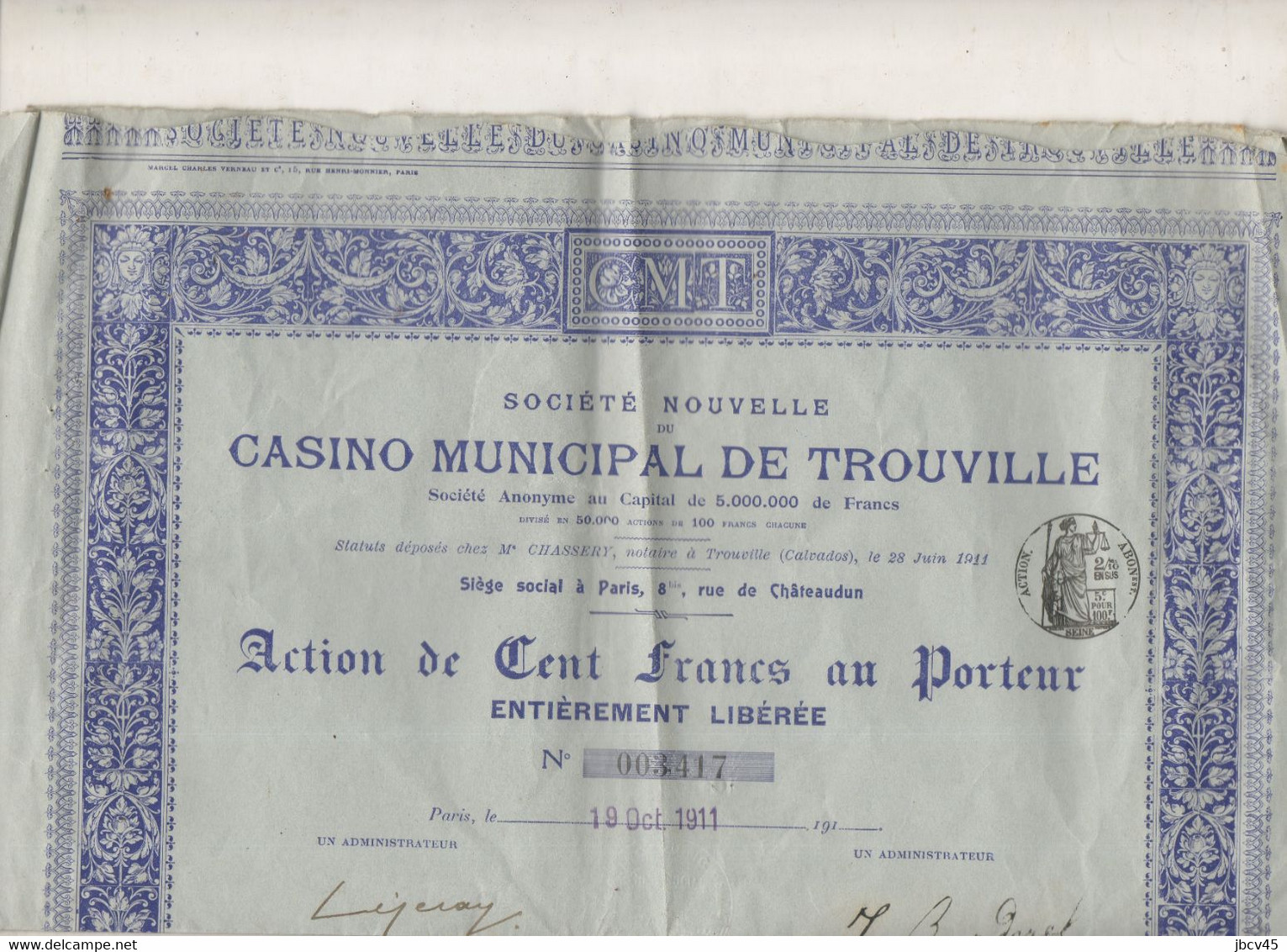 Action De 100fr Casino Municipal De Trouville - Casino