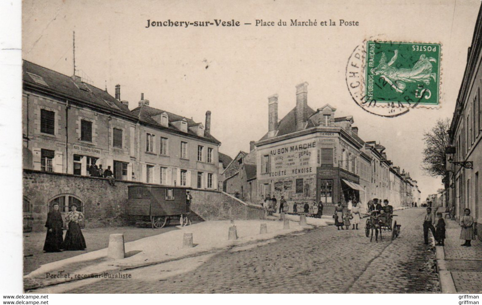 JONCHERY SUR VESLE PLACE DU MARCHE ET LA POSTE 1908 TBE - Jonchery-sur-Vesle