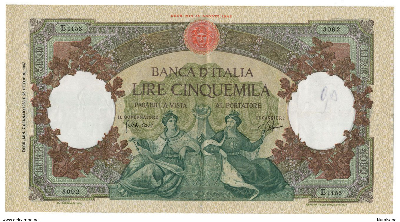 ITALY, ITALIA - 5000 Lire 7. 1. 1963. P85d. (T037) - 5000 Lire