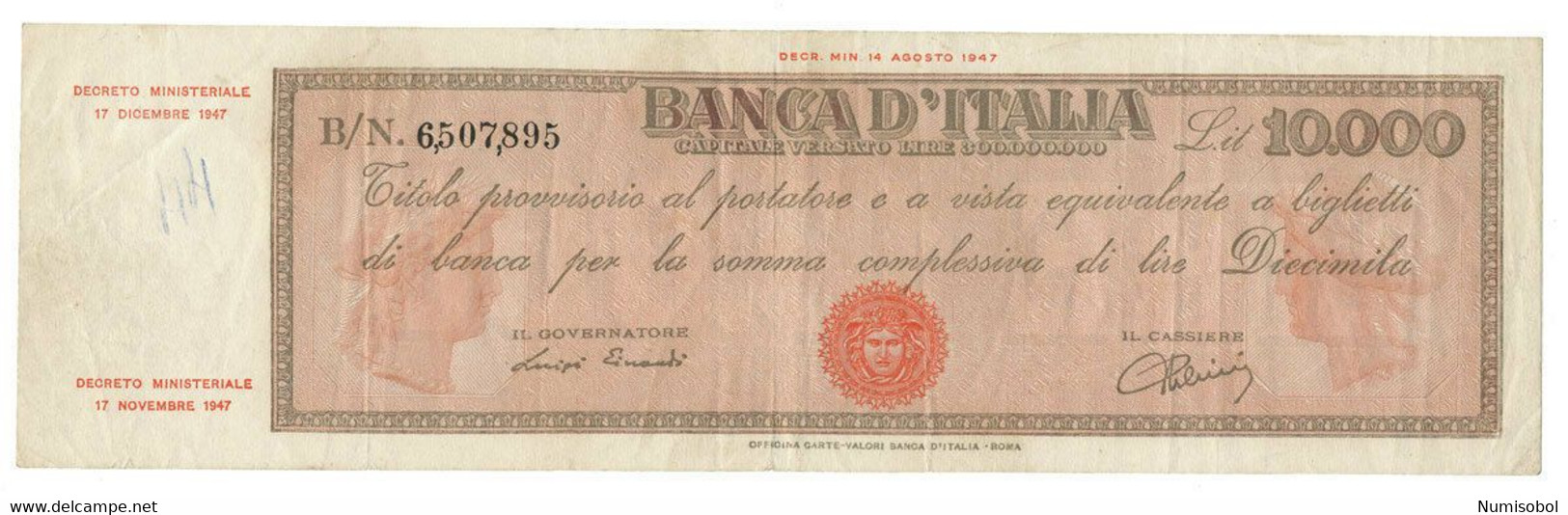 ITALY, ITALIA - 10 000 Lire 17. 12. 1947. P87a (T038) - 10.000 Lire