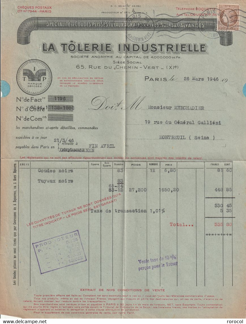 FACTURE PLIEE 1946 PARIS LA TÔLERIE INDUSTRIELLE Cérès De Mazelin - 1945-47 Ceres (Mazelin)