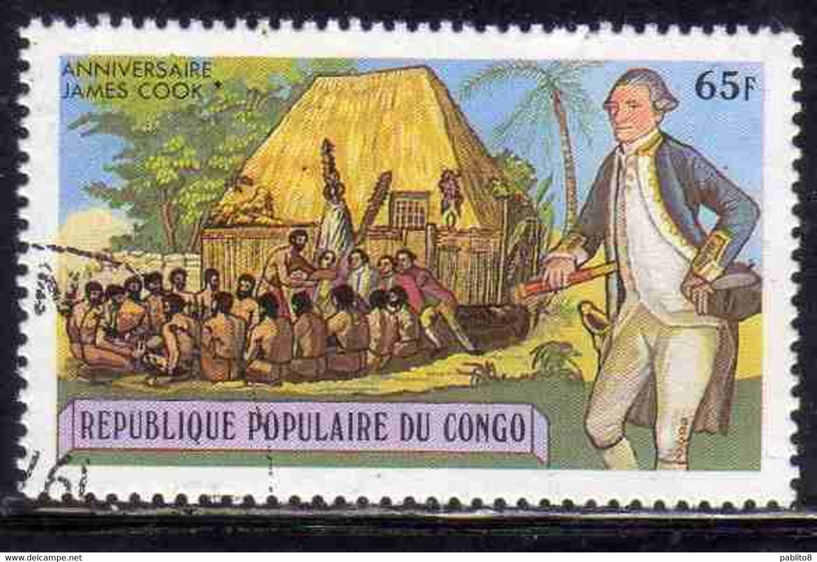 CONGO PEOPLE'S REPUBLIQUE REPUBLIC 1979 CAPTAIN JAMES COOK POLYNESIANS AND HOUSE 65fr OBLITERE USED USATO - Oblitérés