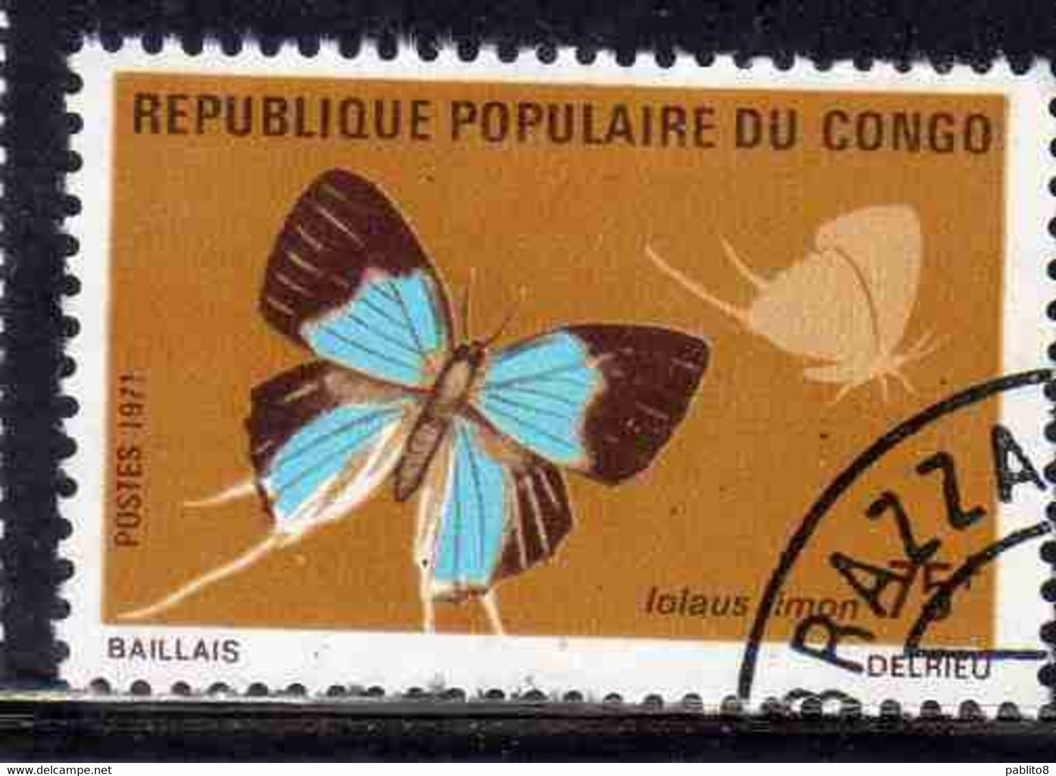 CONGO PEOPLE'S REPUBLIQUE REPUBLIC 1971 BUTTERFLIES AND MOTHS IOLAUS TIMON BUTTERFLY 75fr OBLITERE USED USATO - Oblitérés