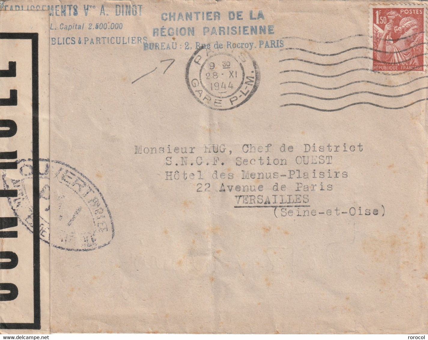 LETTRE 1944 PARIS CENSURE CHANTIER DE LA REGION PARISIENNE - 1939-44 Iris