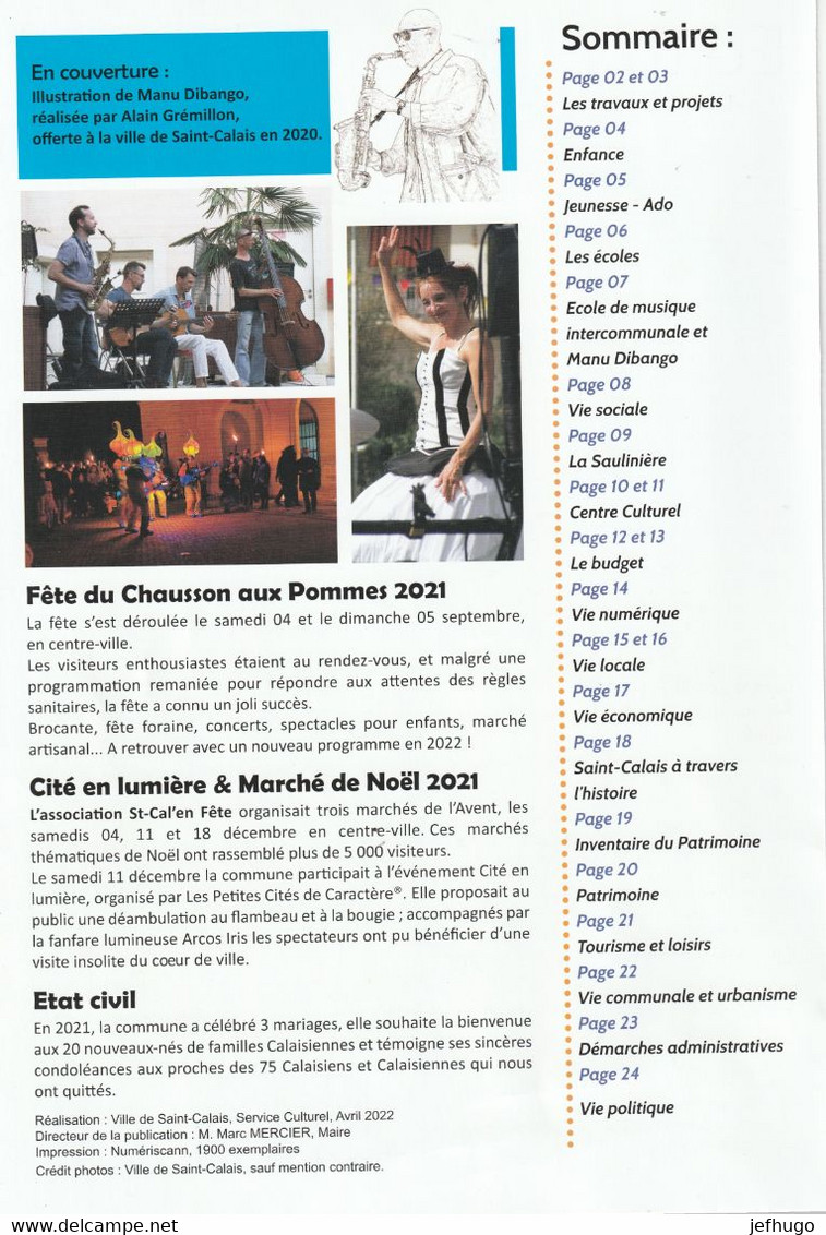 COUVERTURE BULLETIN MUNICIPAL SAINT CALAIS 72 . MANU DIBANGO SAXOPHONISTE . ILLUST . ALAIN GREMILLON . AN 2000 - Affiches & Posters