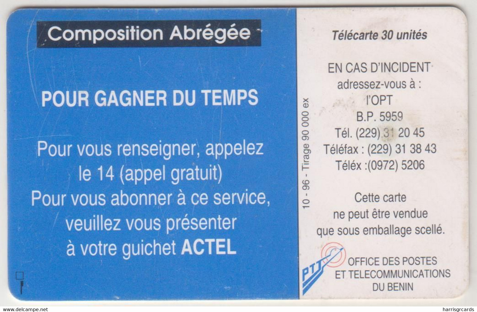 BENIN - Services Plus - Hand Dialing (10/96), OPT, 30 U, Used - Benin