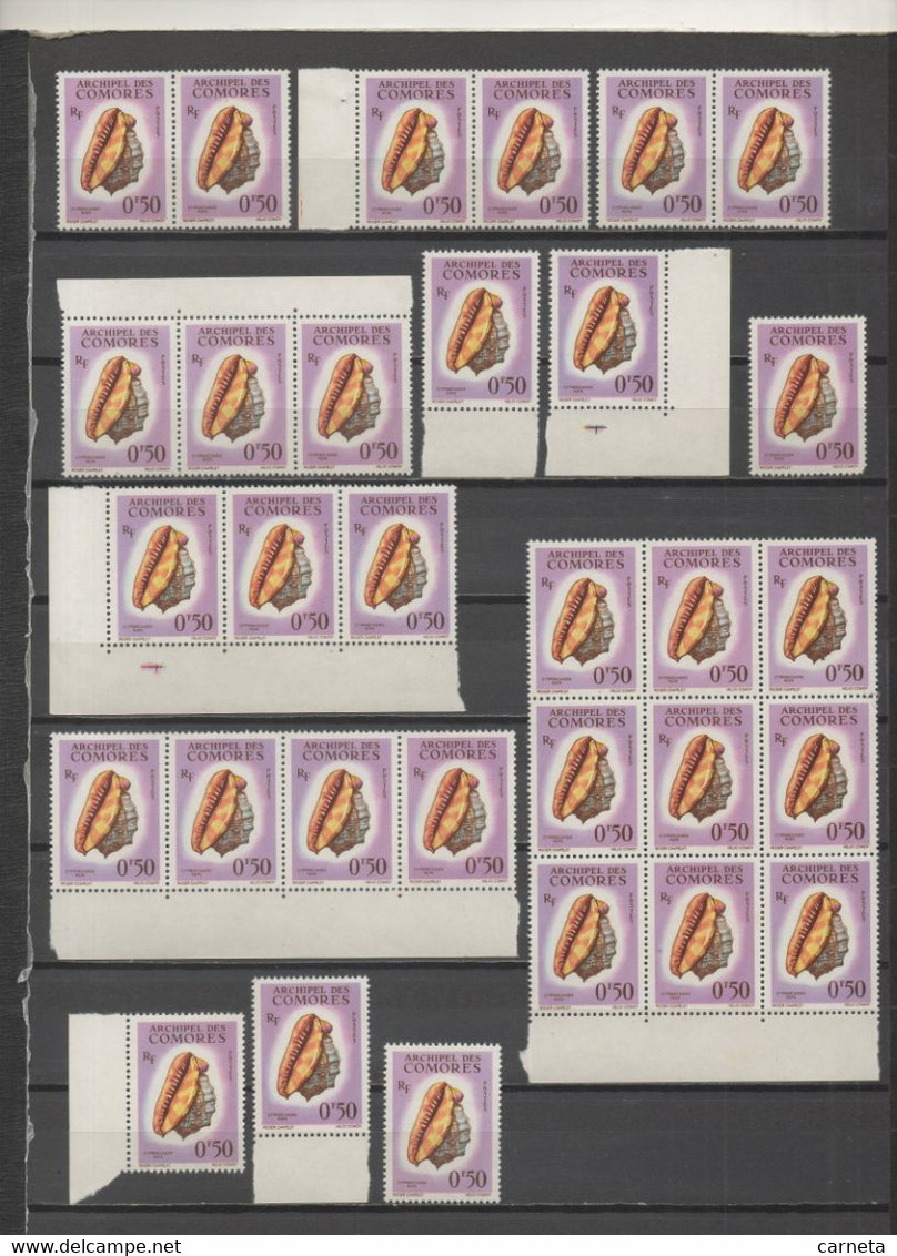 COMORES LOT DE 228 TIMBRES PAR MULTIPLES TOUS DEFECTUEUX NEUFS SANS CHARNIERE  COTE  490.60€ ( 20 SCANS )