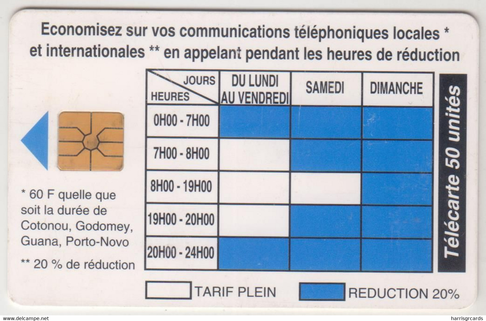 BENIN - Telephone Tariffs 1 (11/94), OPT, 50 U, Tirage 40.000, Used - Bénin