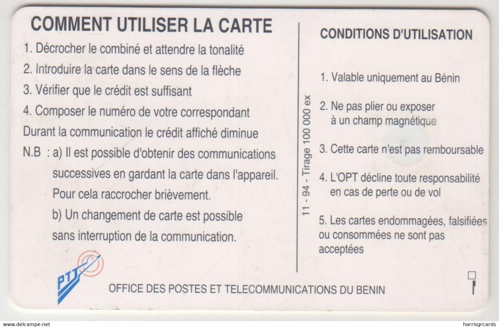 BENIN - Telephone Tariffs 1 (11/94), OPT, 50 U, Tirage 40.000, Used - Bénin