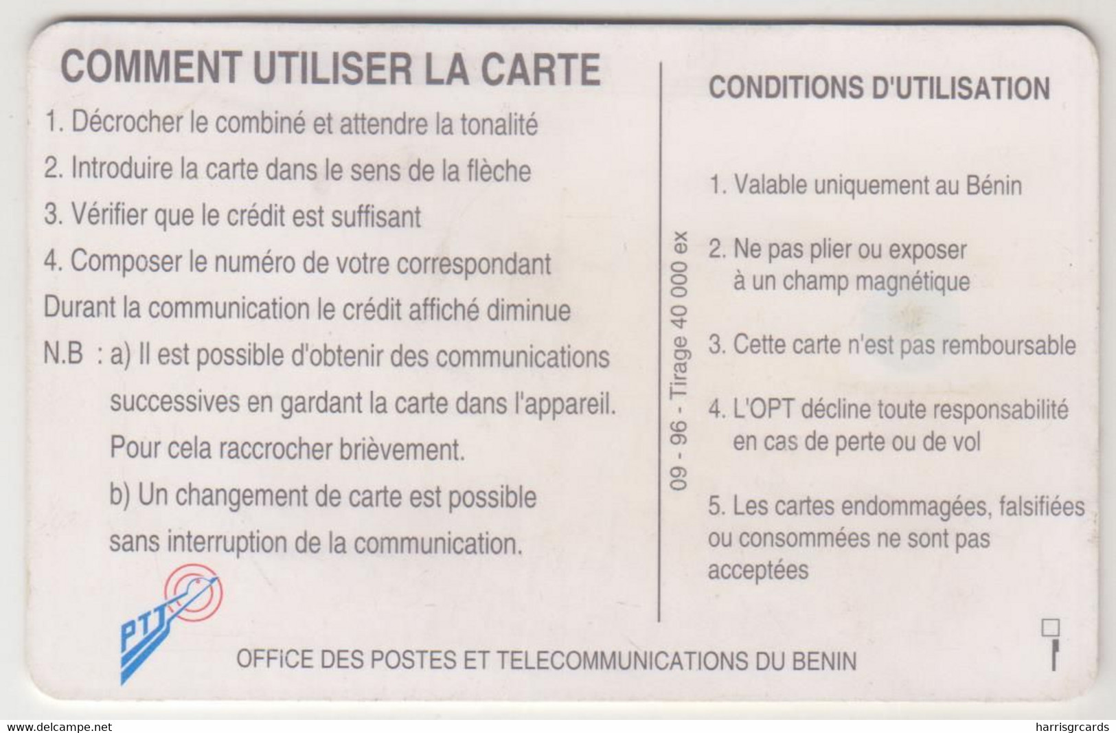 BENIN - Telephone Tariffs 1 (09/96), OPT, 50 U, Tirage 40.000, Used - Bénin
