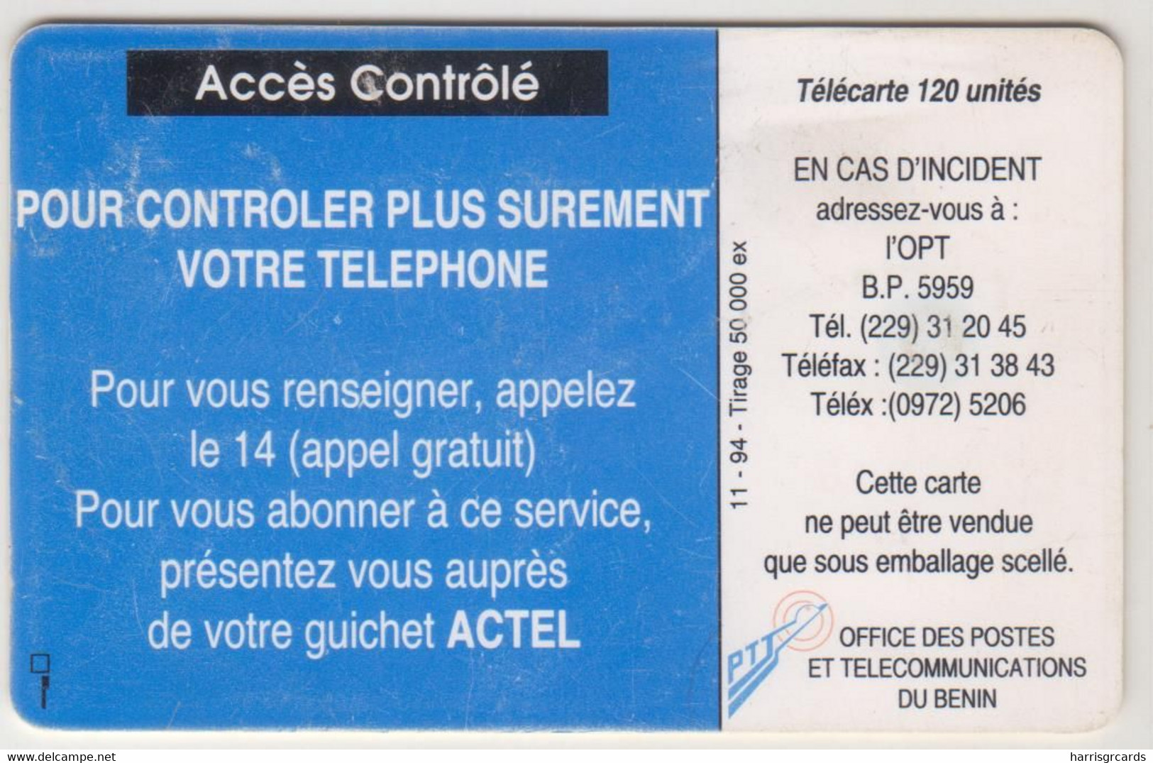 BENIN - Services Plus - Man Phoning (11/94), OPT, 120 U, Tirage 50.000, Used - Benin