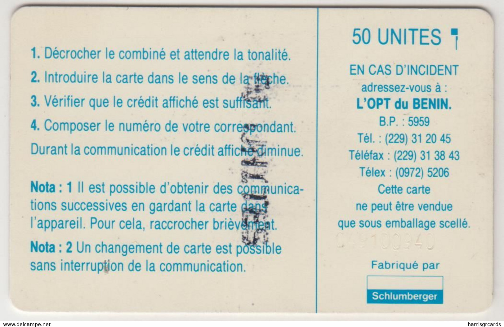 BENIN - Logo 50 (SC5 AFNOR), OPT, 50 U, CN: C49xxxxxx (glossy), Used - Bénin