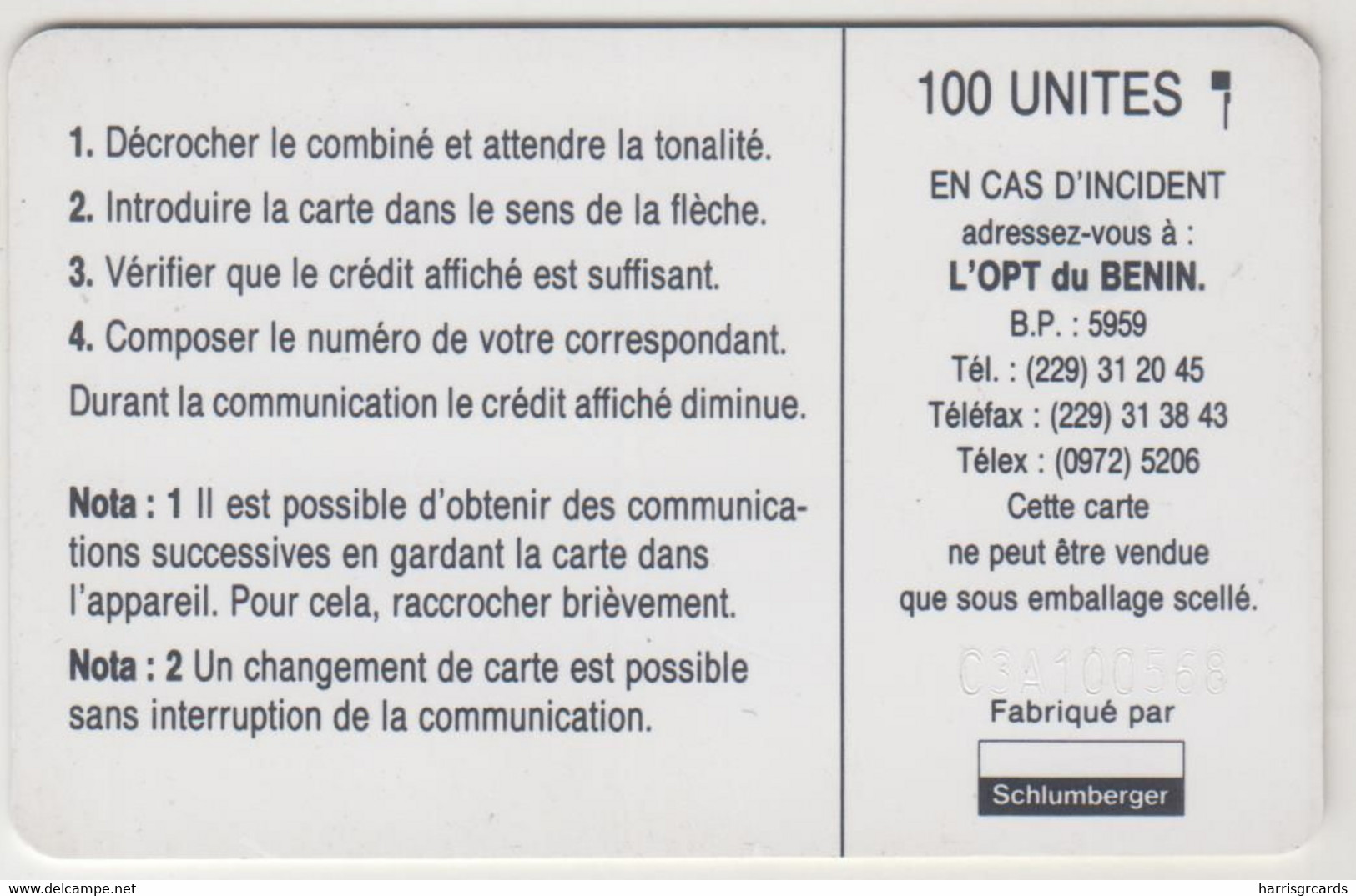 BENIN - Logo 100 (SC5 AFNOR), OPT, 100 U, CN: C3A1xxxxx, Used - Benin