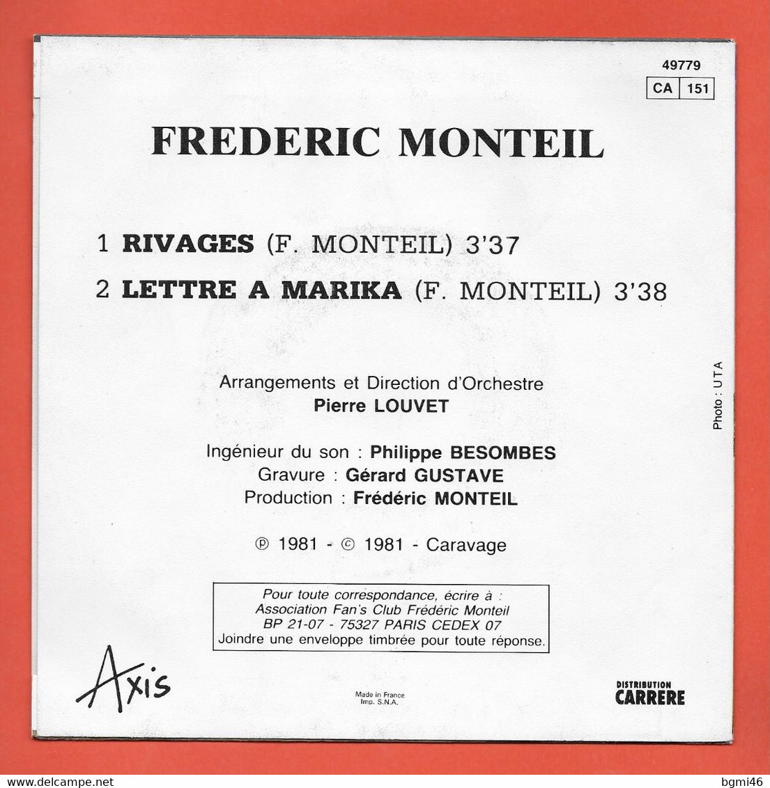 Disque Vinyle 45 Tours : FREDERIC MONTEIL :  RIVAGES..Scan E : Voir 2 Scans - Instrumentaal