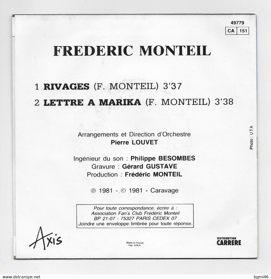 Disque Vinyle 45 Tours : FREDERIC MONTEIL :  RIVAGES..Scan D : Voir 2 Scans - Instrumentaal