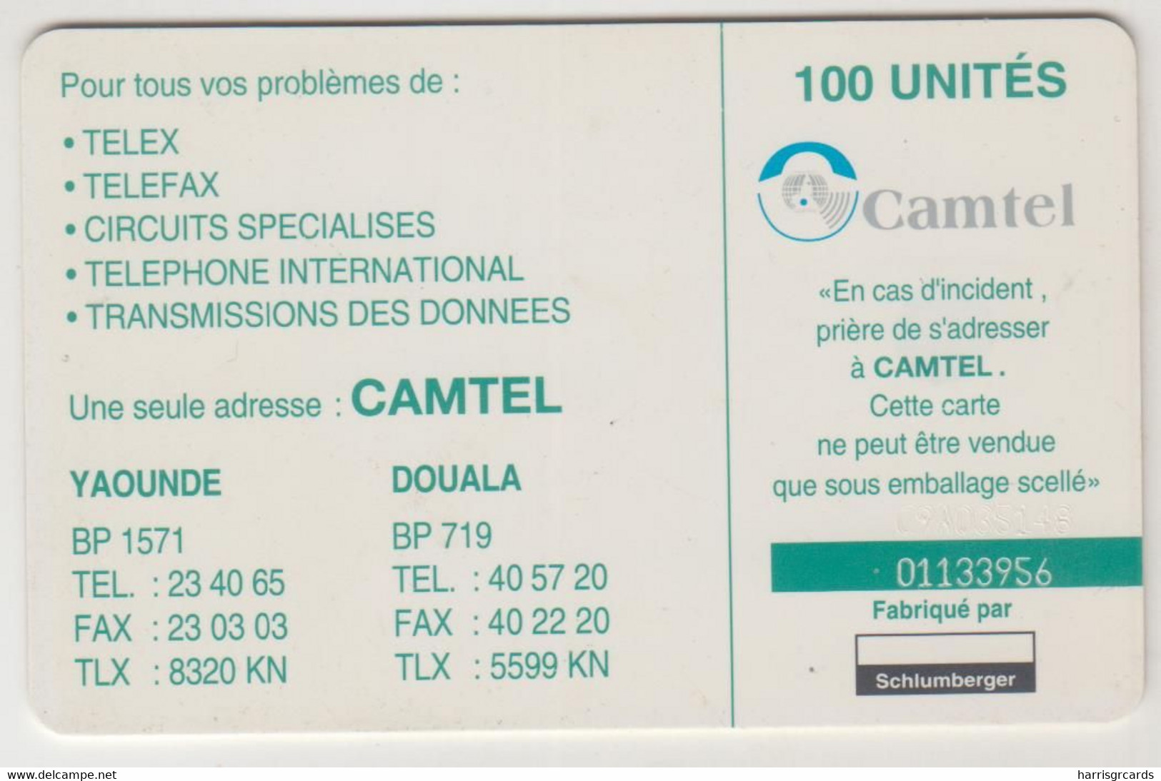 CAMEROON - Kribi (Camtel Logo), Camtel, 100 U, CN:2 Lines:C9A+6 Digits:embossed,8 Digits On Green Stripe,used - Camerún