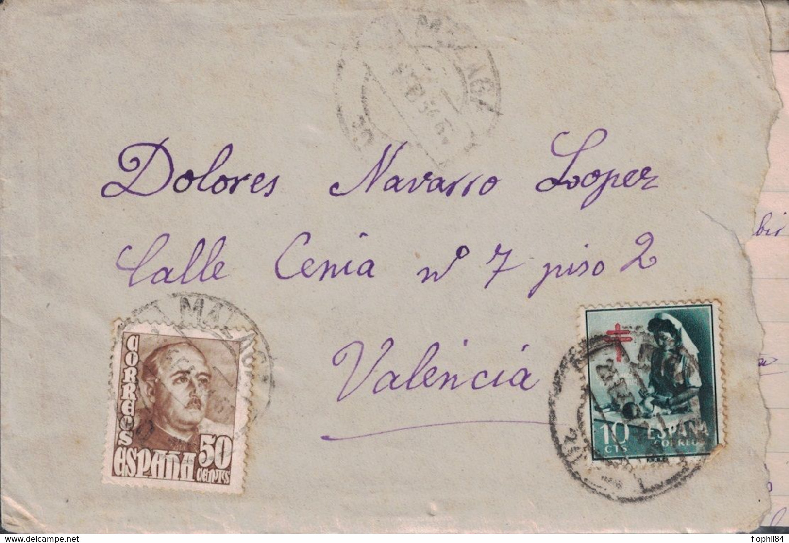 ESPAGNE - LETTRE AVEC TEXTE DE MALAGA POUR VALENCIA - LE 25 FEVRIER 1954 - AFFRANCHISSEMENT TIMBRE DE BIENFAISANCE. - Lettres & Documents