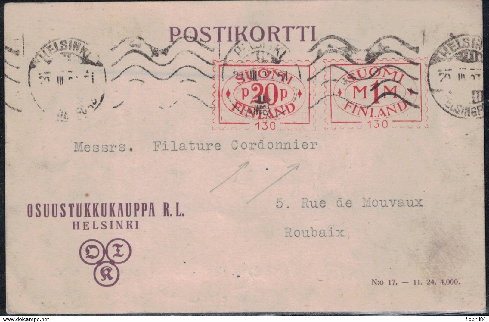 FINLANDE - CARTE POSTALE COMMERCIALE D'HELSINKI LE 29-3-1927 POUR LA FRANCE - OBLITERATION MECANIQUE P20P EN ROUGE - Cartas & Documentos