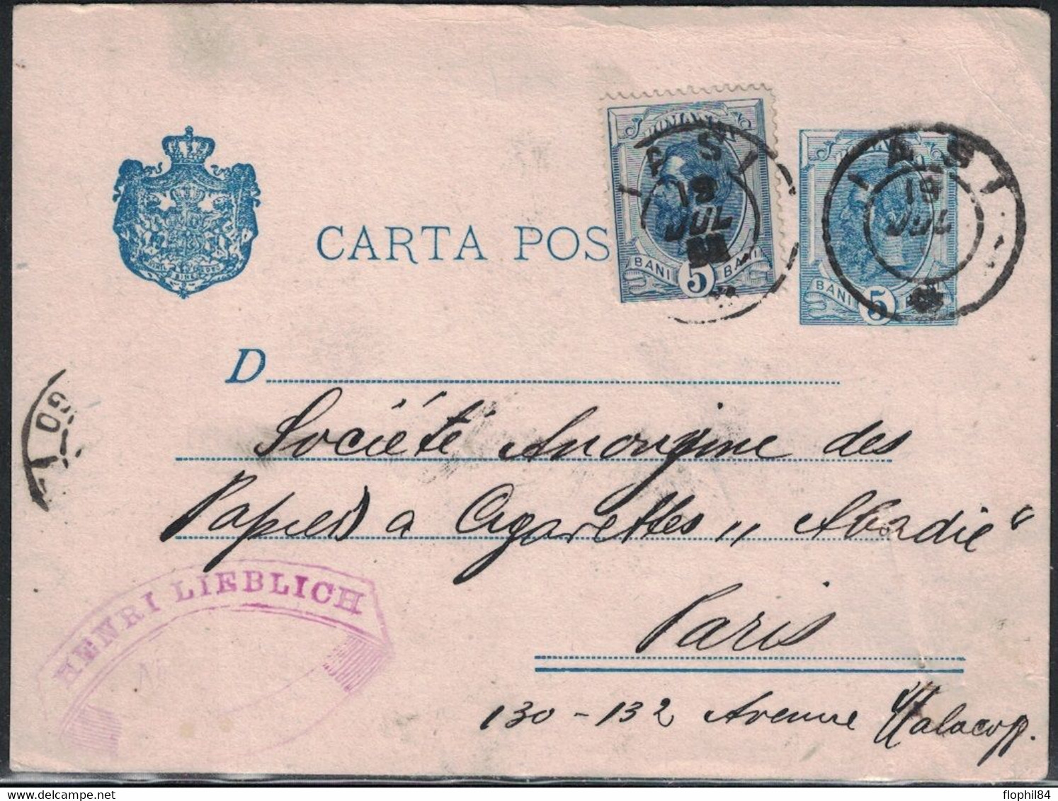 ROUMANIE - ENTIER POSTAL AVEC COMPLEMENT DU 19 JUILLET 1898 POUR PARIS. - Briefe U. Dokumente