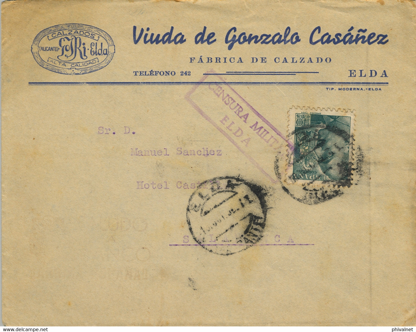 1939  ALICANTE , SOBRE COMERCIAL CIRCULADO ENTRE ELDA Y SALAMANCA , CENSURA MILITAR , LLEGADA - Covers & Documents