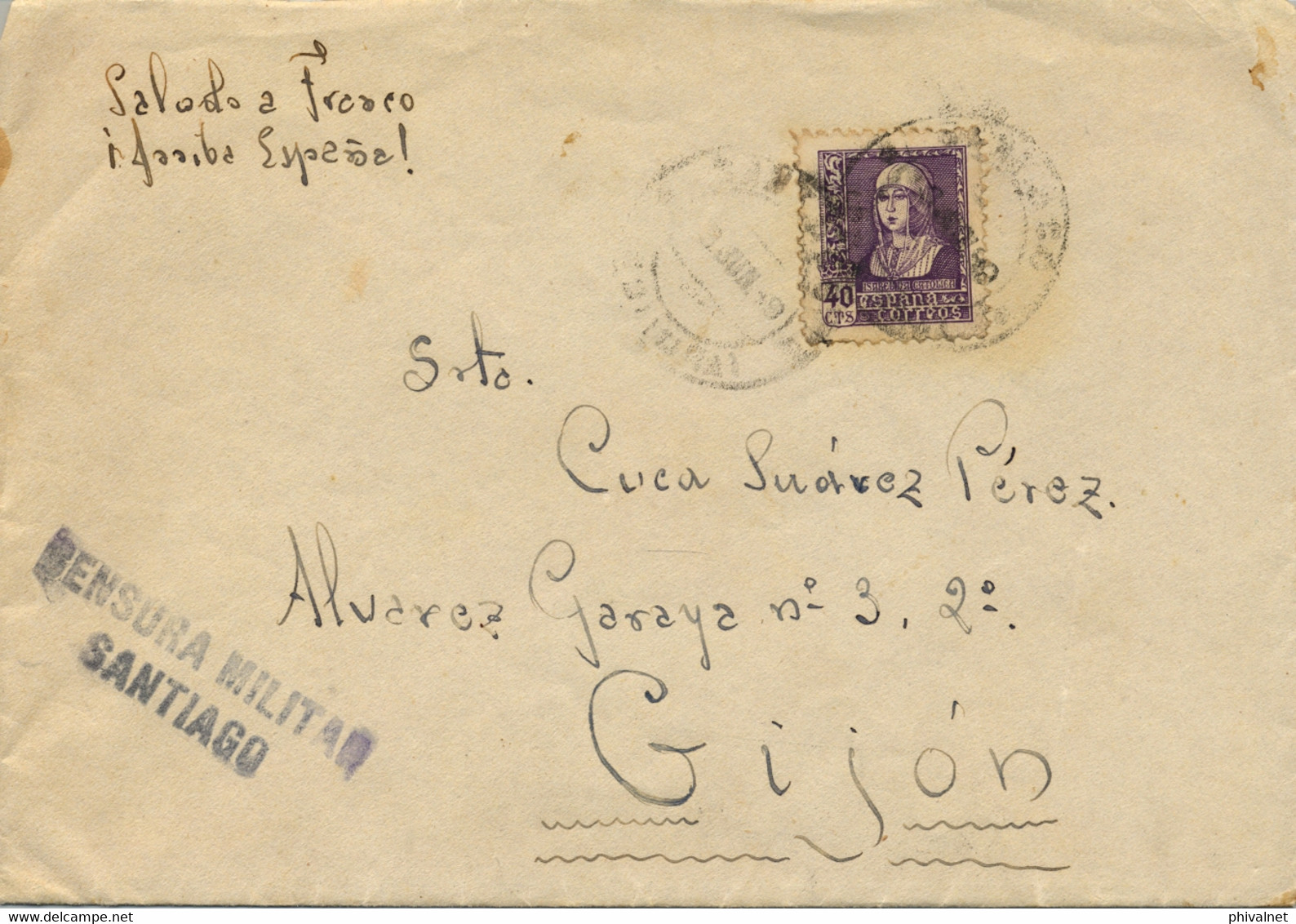 1939  CORUÑA , SOBRE COMERCIAL CIRCULADO ENTRE SANTIAGO Y GIJÓN , CENSURA MILITAR , LLEGADA - Brieven En Documenten