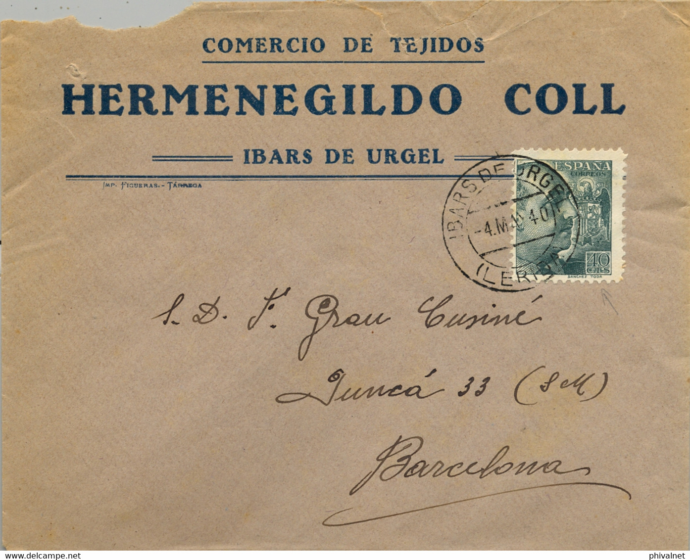 1940  LÉRIDA , SOBRE CIRCULADO ENTRE IBARS DE URGEL Y BARCELONA - Storia Postale