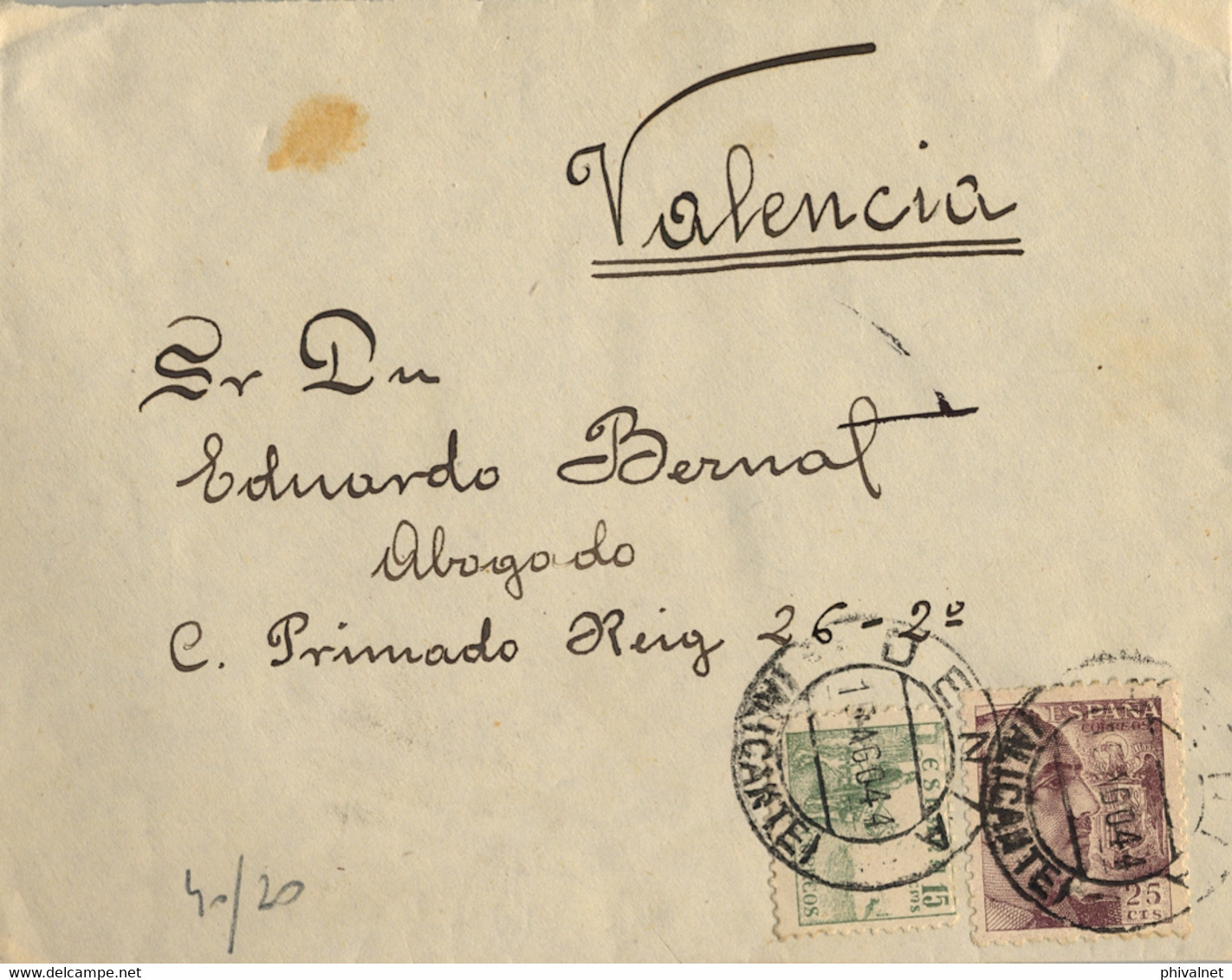 1944 ALICANTE , SOBRE CIRCULADO ENTRE DENIA Y VALENCIA - Lettres & Documents