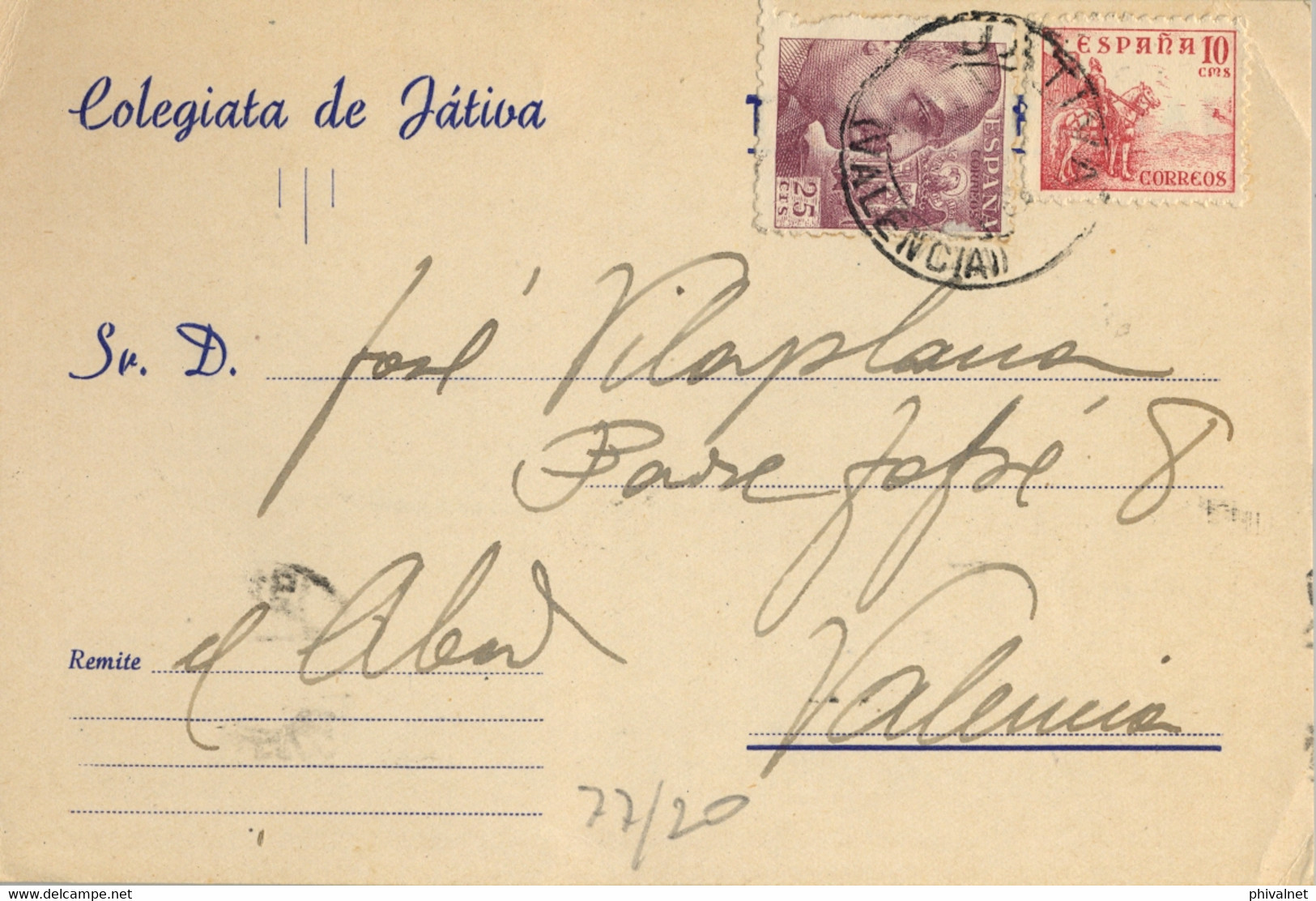 1948 VALENCIA , T.P. CIRCULADA DESDE JÁTIVA - Storia Postale