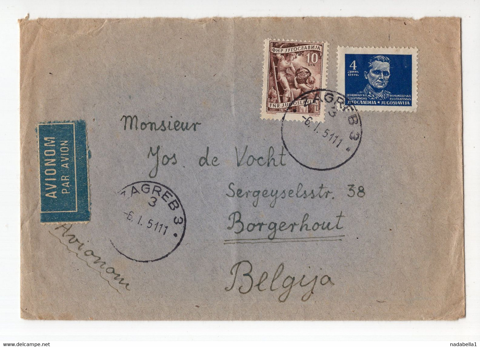 1951.YUGOSLAVIA,CROATIA,ZAGREB,AIRMAIL COVER TO BELGIUM - Airmail