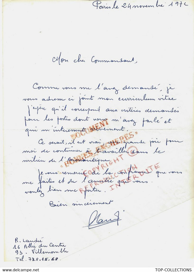 AVIATION AERONAUTIQUE MILITAIRE E CIVILE 1972 LANDRE Robert LETTRE DE CANDIDATURE ET C.V.  HAUTES  RESPONSABILITES - Otros & Sin Clasificación