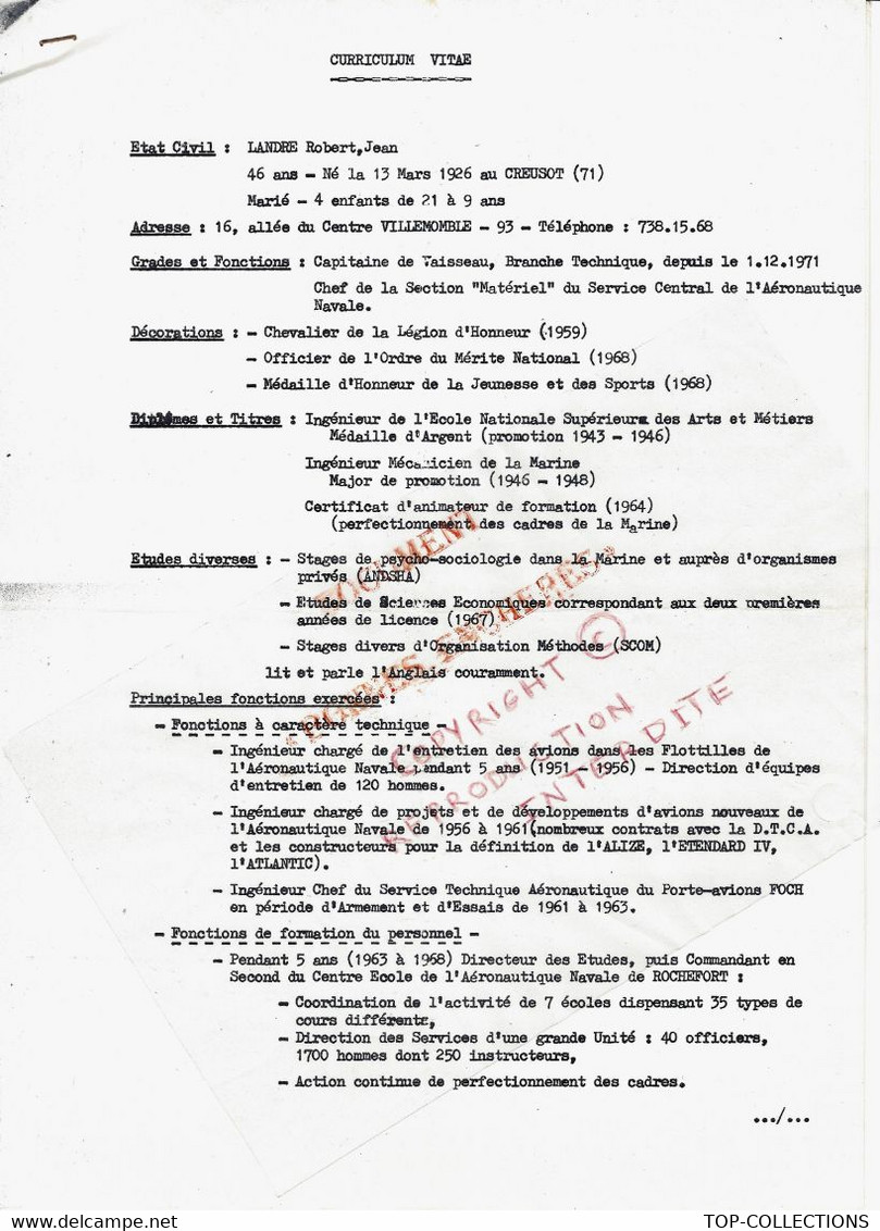 AVIATION AERONAUTIQUE MILITAIRE E CIVILE 1972 LANDRE Robert LETTRE DE CANDIDATURE ET C.V.  HAUTES  RESPONSABILITES - Other & Unclassified