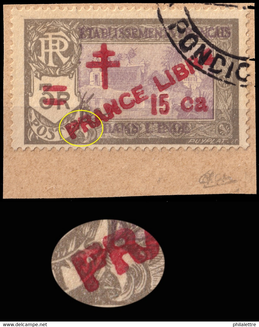 INDE FRANÇAISE - 1943 - Yv.208a Surcharge "PRANCE LIBRE" Obl. Sur Fragment (signé R.Calves) - TB - Oblitérés