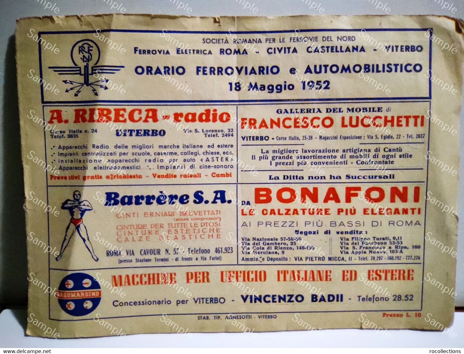 Italy Italia Timetable ORARIO Ferroviario E Automobilistico 1952 Ferrovia Elettrica ROMA - CIVITA CASTELLANA - VITERBO - Europe