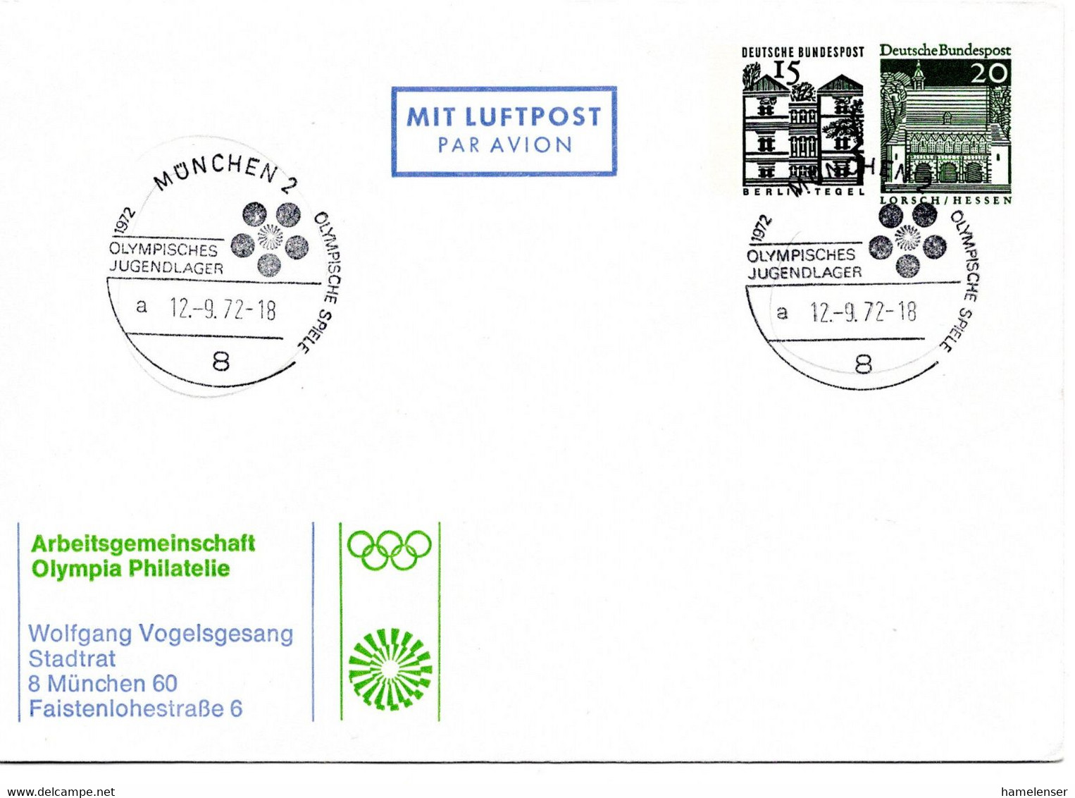 55152 - Bund - 1972 - 15&20Pfg Bauten PGALpBf SoStpl MUENCHEN - OLYMPISCHES JUGENDLAGER, Nicht Gelaufen - Summer 1972: Munich