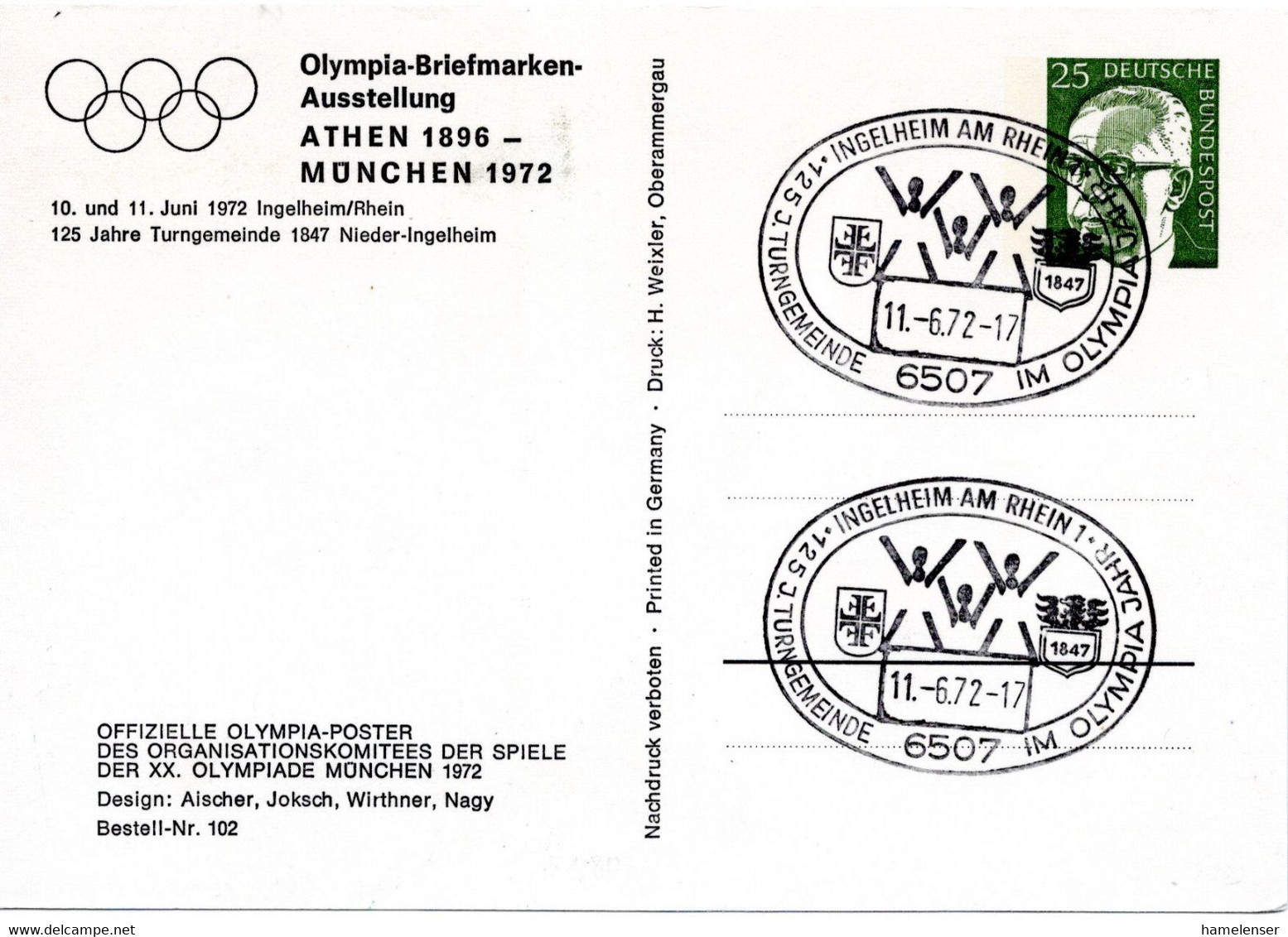 55153 - Bund - 1972 - 25Pfg Heinemann PGAKte SoStpl INGELHEIM - 125 JAHRE TURNGEMEINDE IM OLYMPIA-JAHR - Summer 1972: Munich