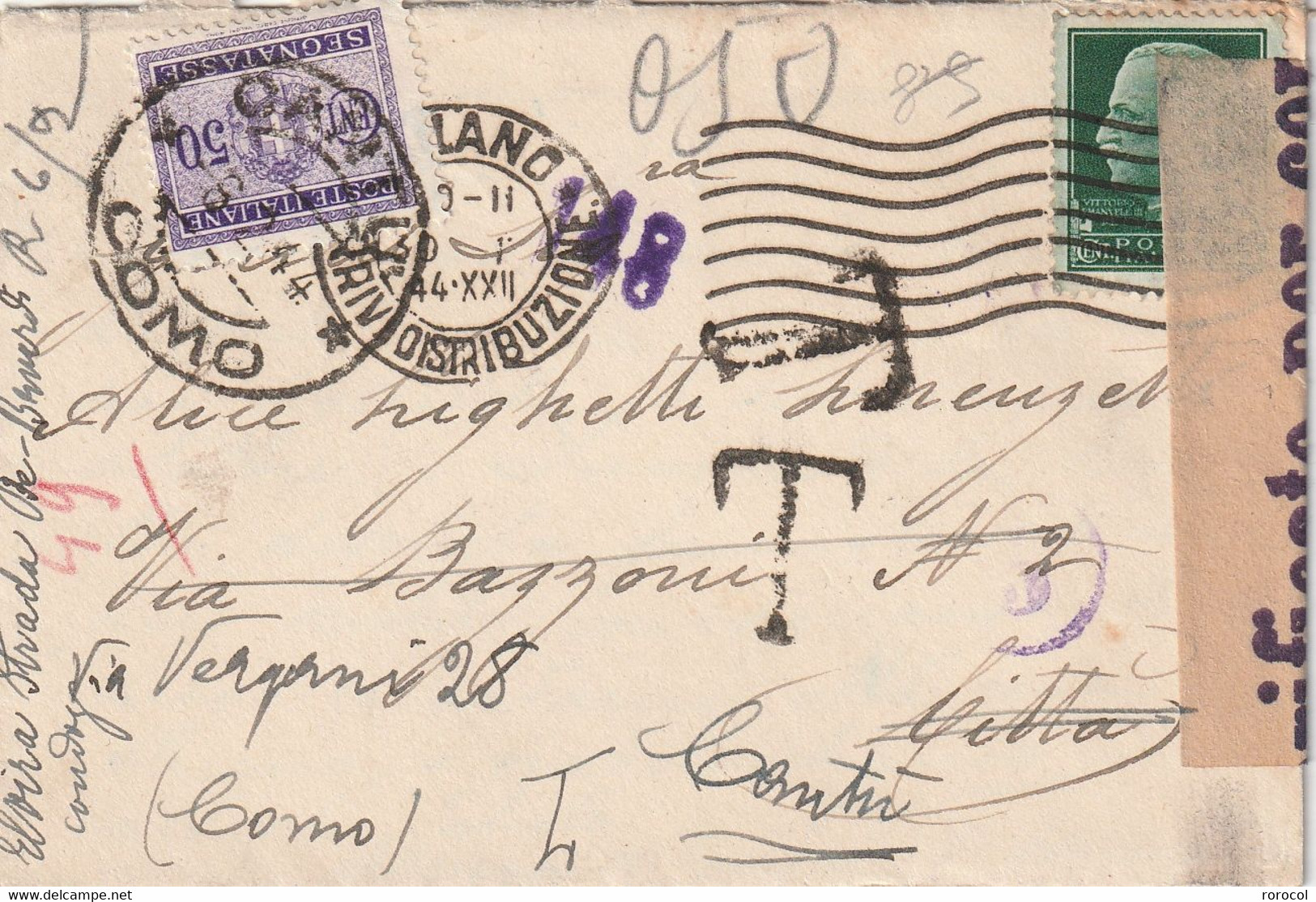 LETTRE MILANO 1944 Pour COMO Taxe à L'arrivée CENSURE - Postage Due