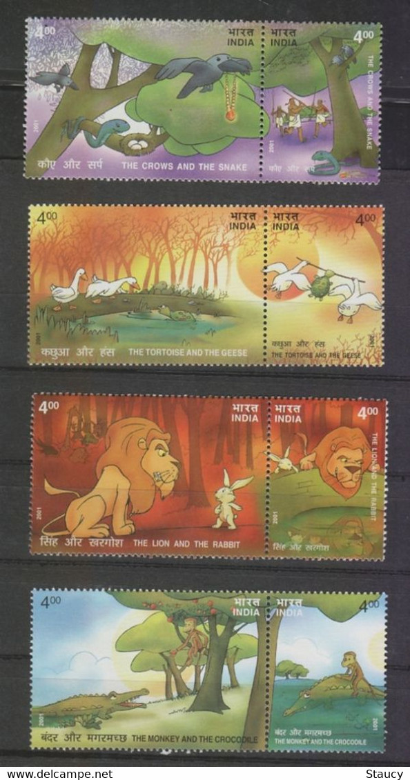 India 2001 Stories Of Panchatantra Complete Set 4 Se-tenants (8 Stamps) MNH As Per Scan - Cernícalo