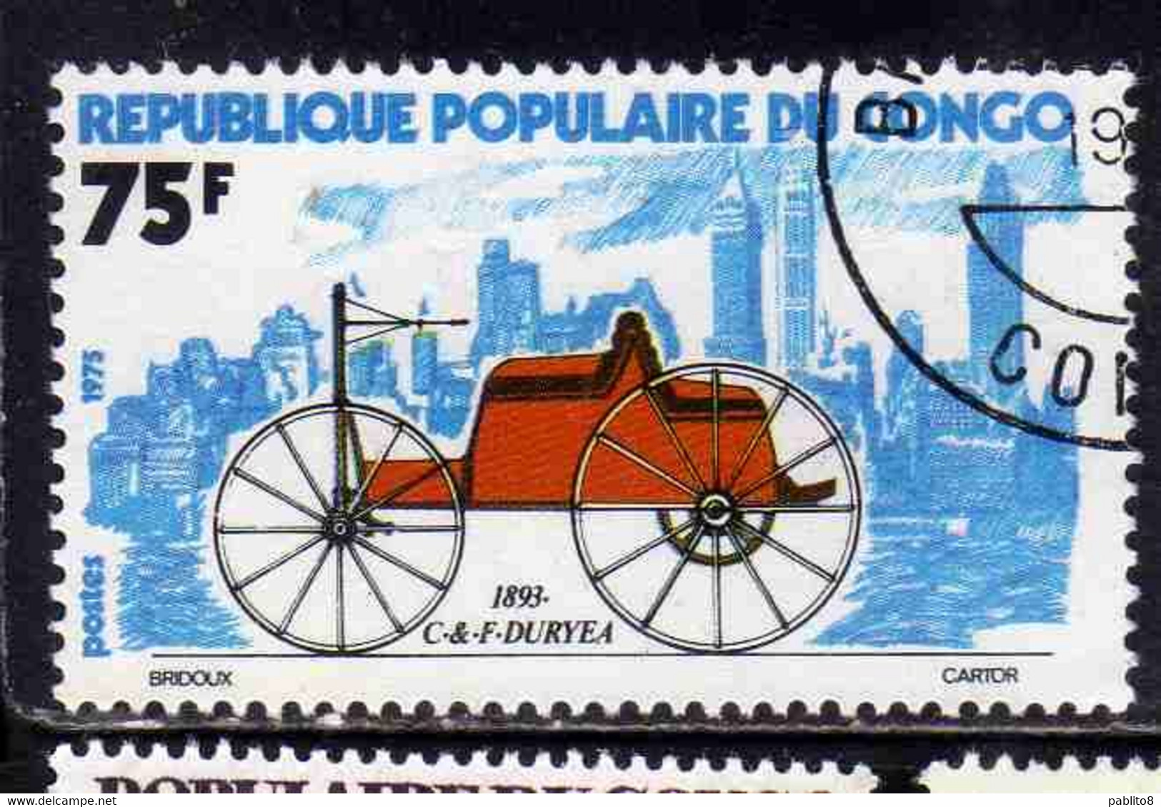 CONGO PEOPLE'S REPUBLIQUE REPUBLIC 1975 EARLY AUTOMOBILES CARS 1893 DURYEA 75fr OBLITERE USED USATO - Oblitérés